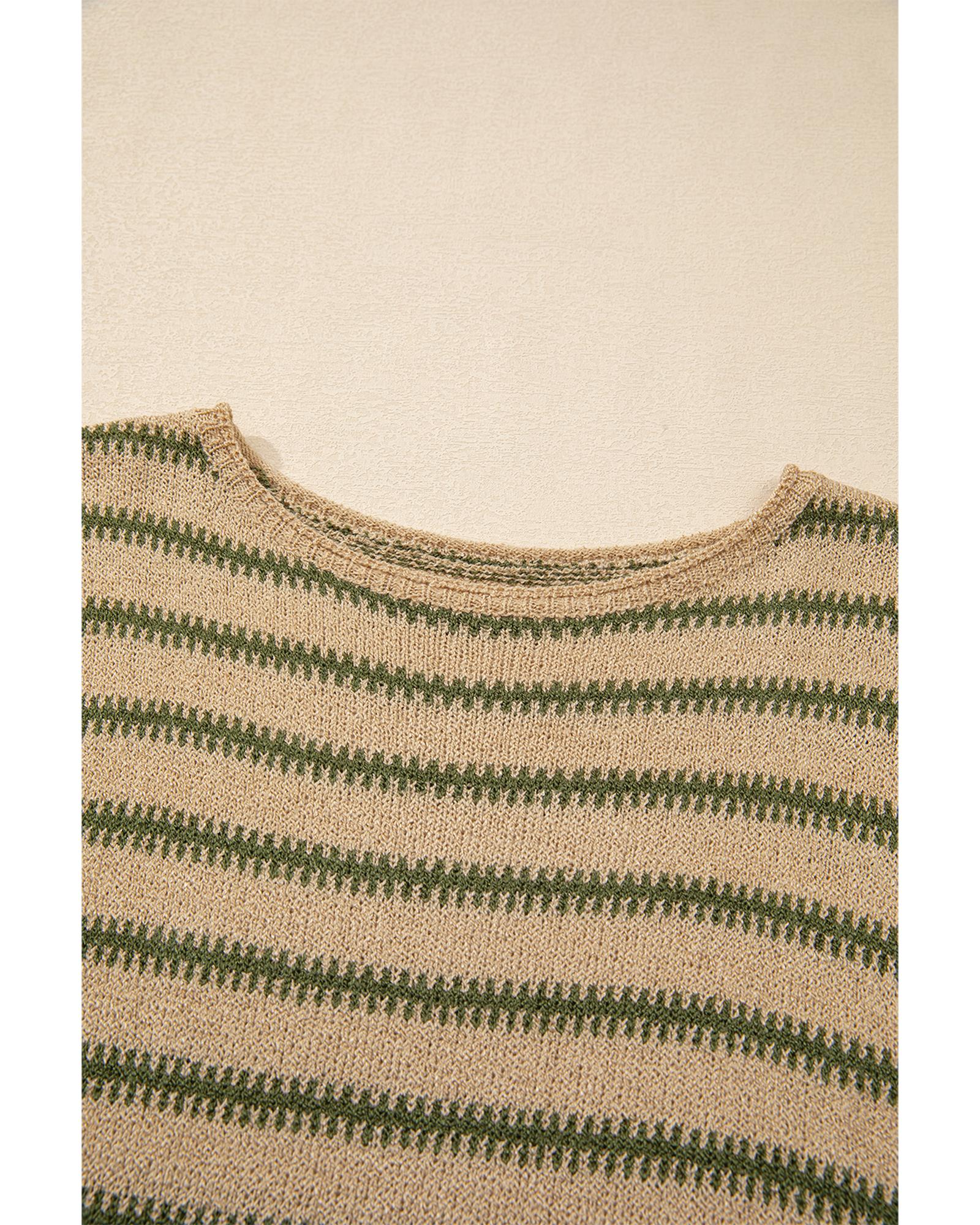V539-AZEXDC2724967-P1619-L-202508280040-00 Khaki Stripe Drop Shoulder Casual Sweater - L - Image 1
