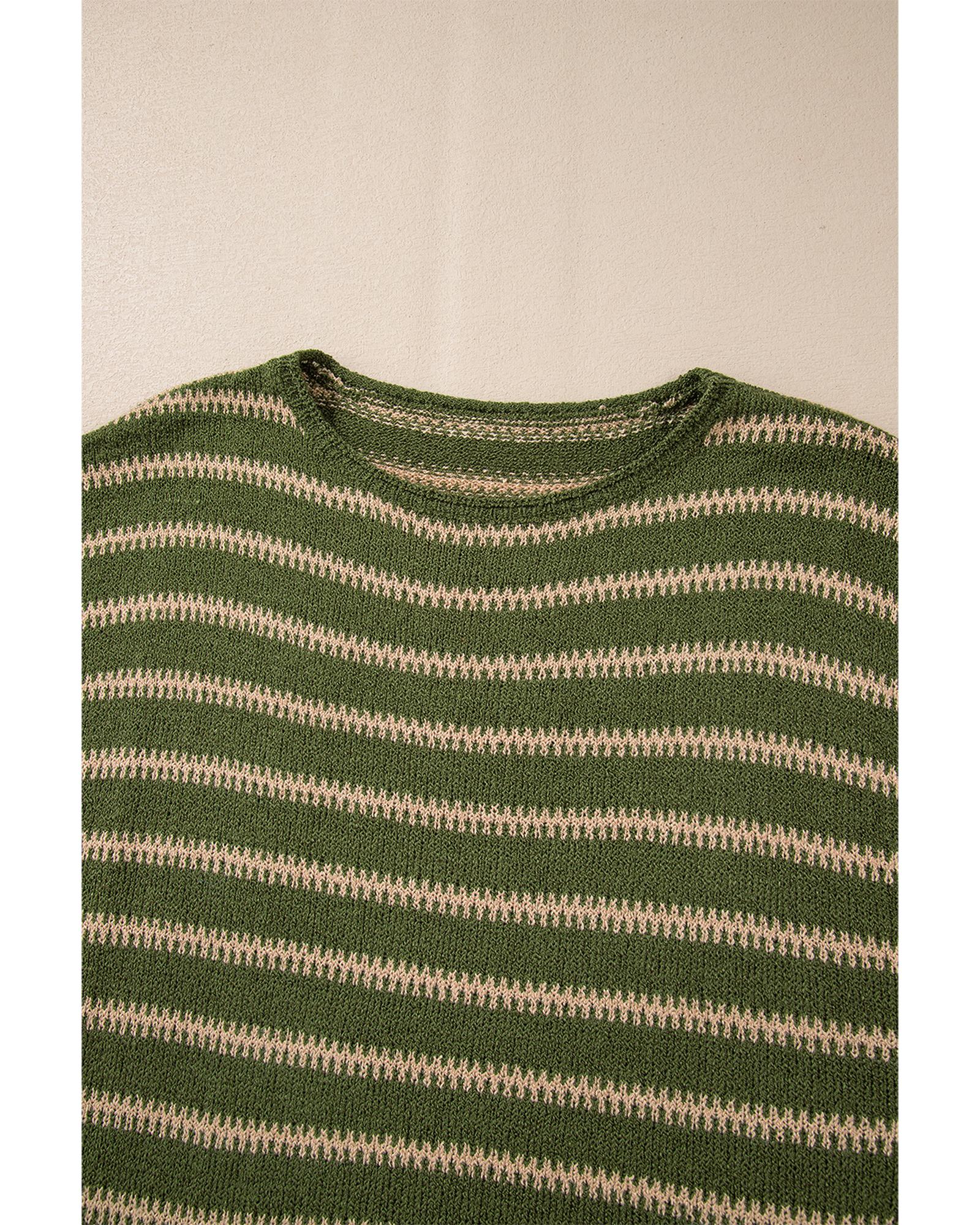 V539-AZEXDC2724967-P919-S-202506132327-00 Green Stripe Drop Shoulder Casual Sweater - S - Image 1