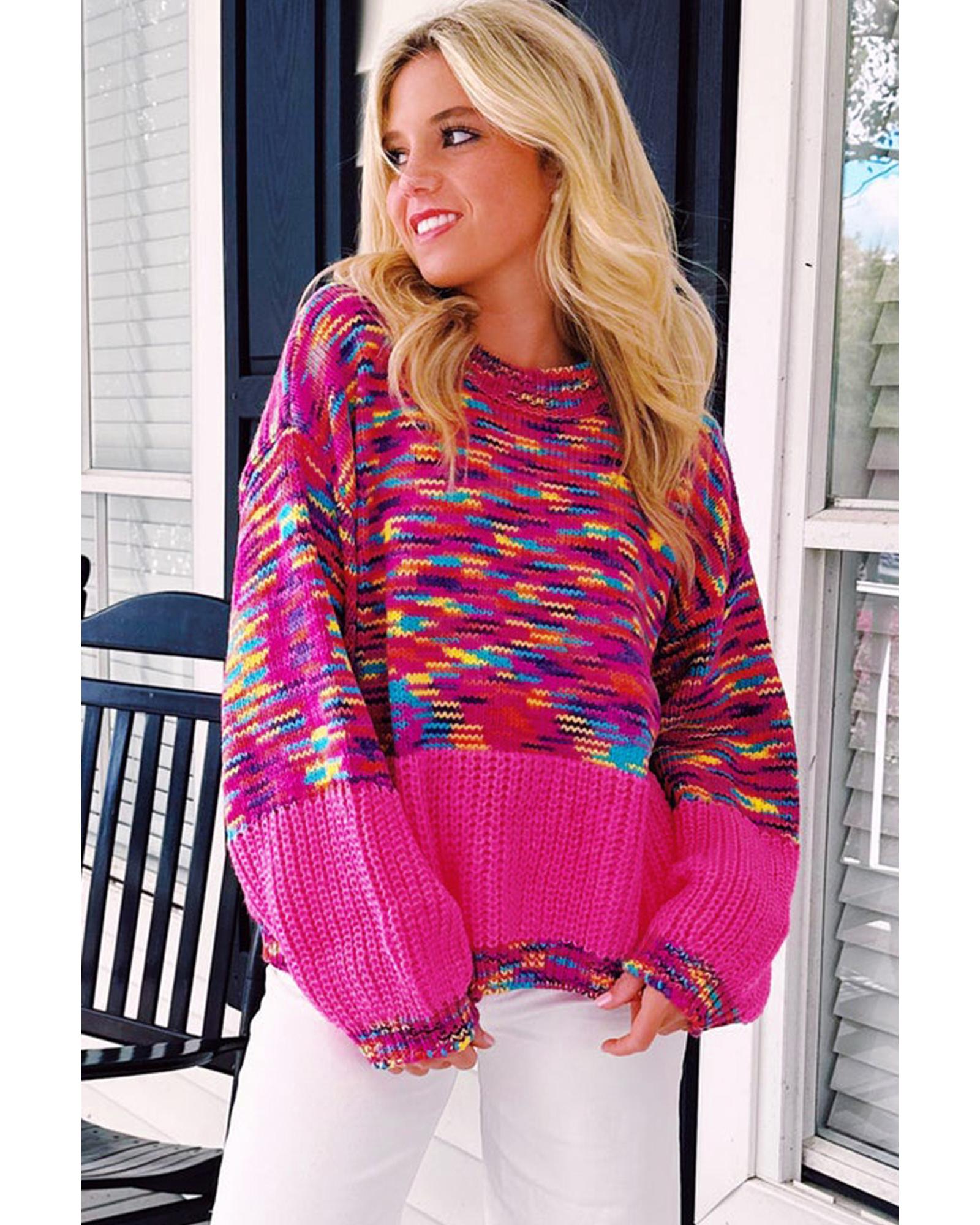 V539-AZEXDC2724981-P106-L-202508282145-00 Bright Pink Rainbow Confetti Drop Shoulder Sweater - L - Image 1