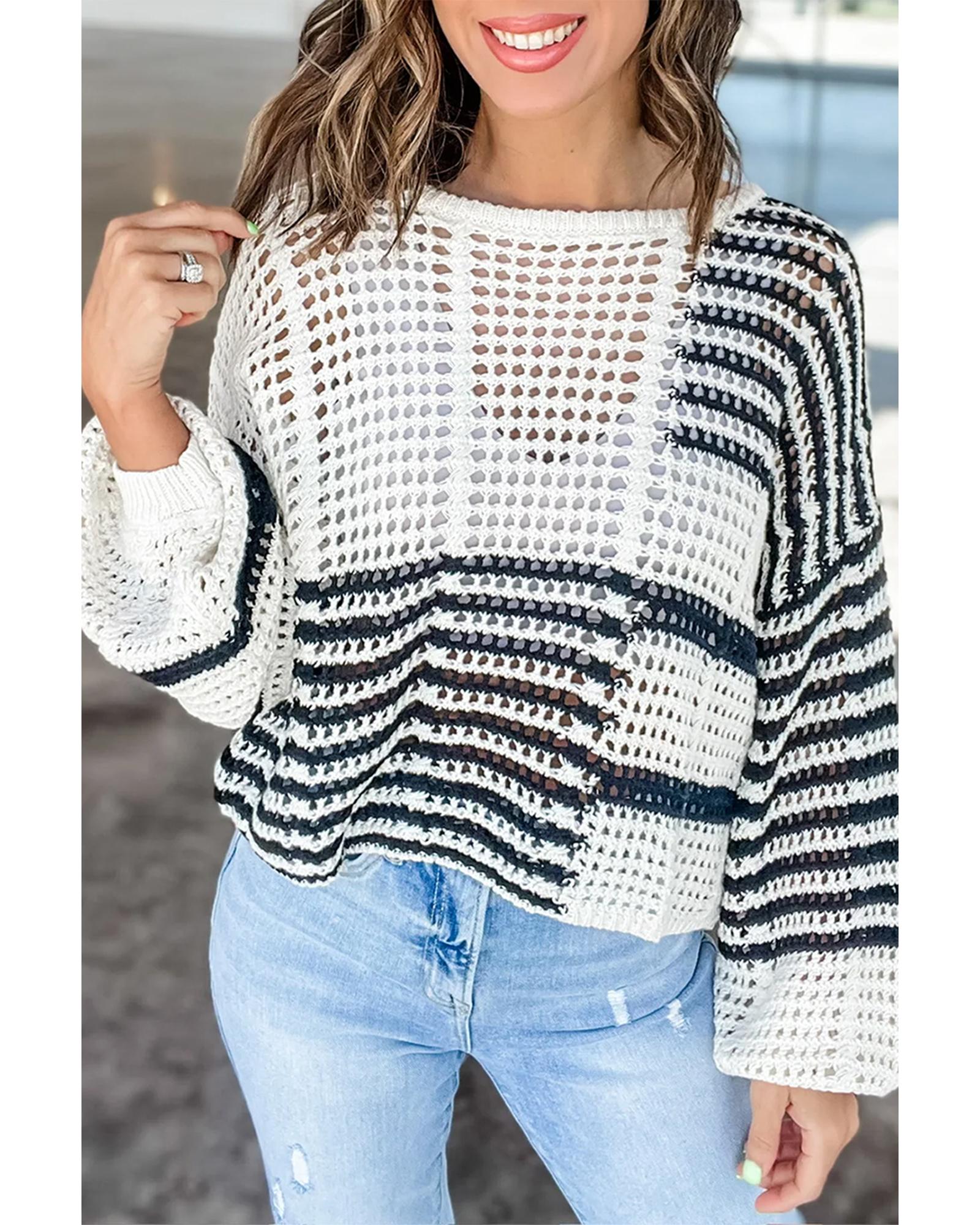 V539-AZEXDC2724996-P119-L-202508280040-00 White Stripe Contrast Striped Crochet Puff Sleeve Sweater - L - Image 1