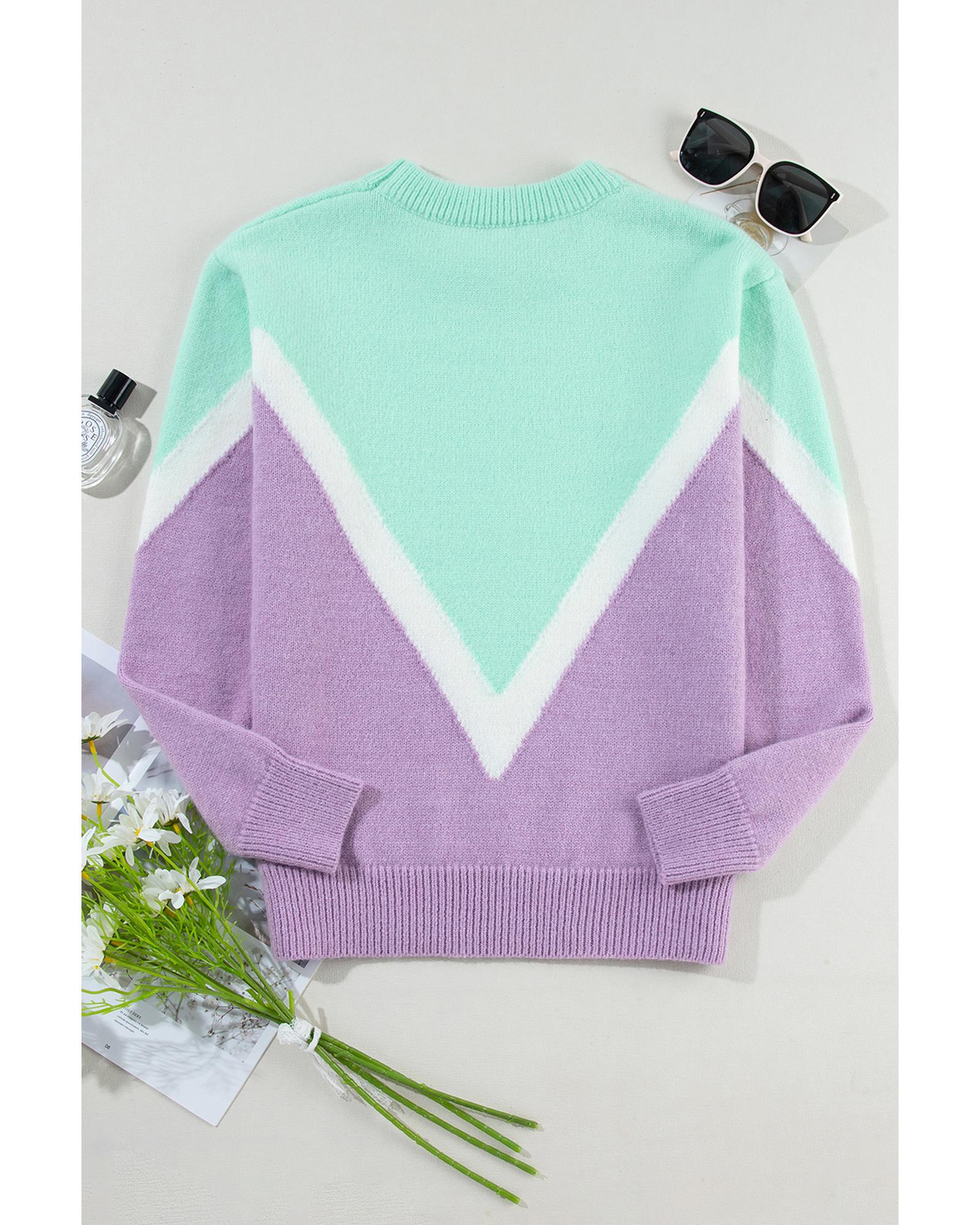 V539-AZEXDC2725002-P922-L-202508280806-00 Green Chevron Colorblock Ribbed Knit Drop Shoulder Sweater - L - Image 1