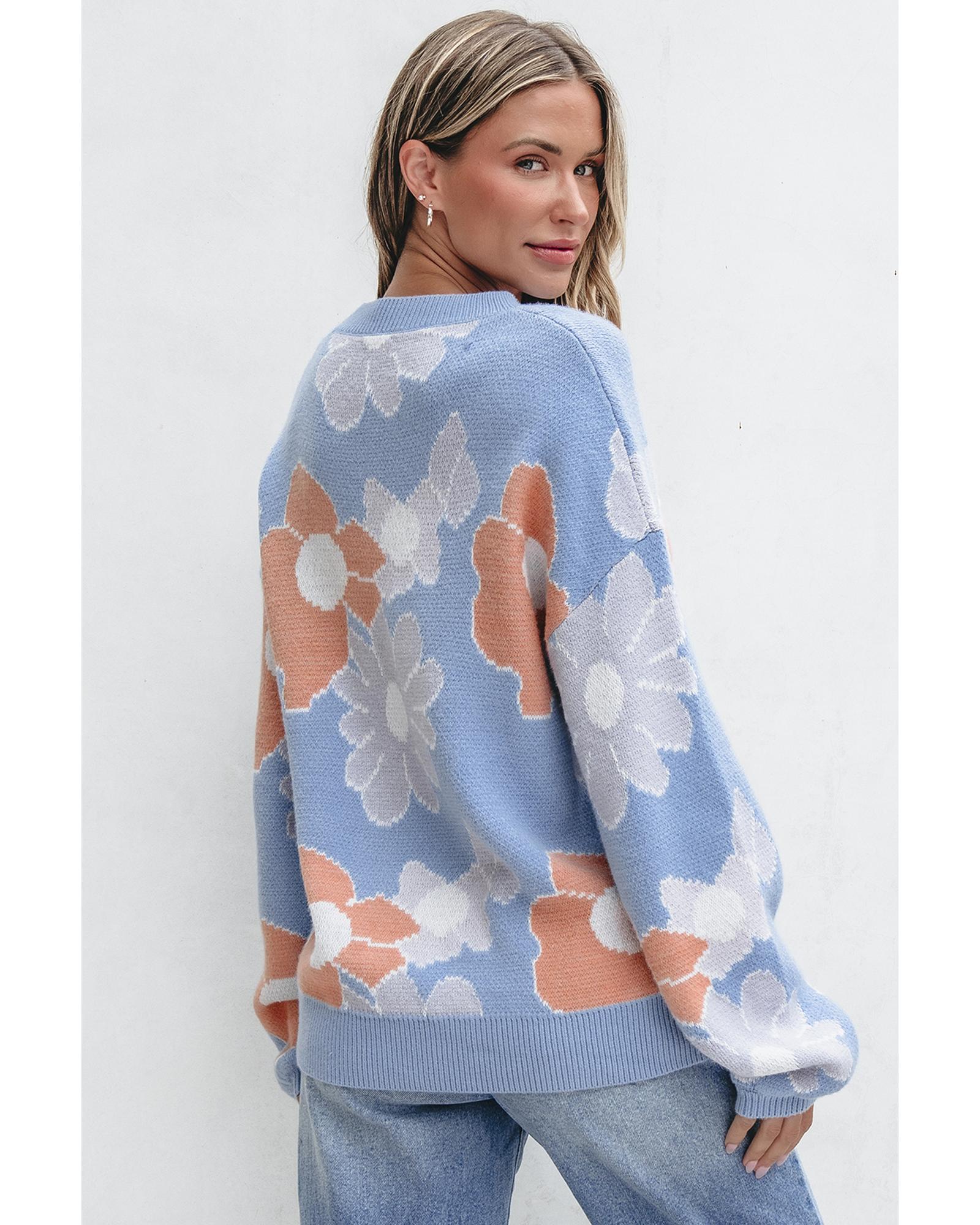 V539-AZEXDC2725031-P804-S-202506140011-00 Beau Blue Floral O Neck Drop Shoulder Knitted Sweater - S - Image 1