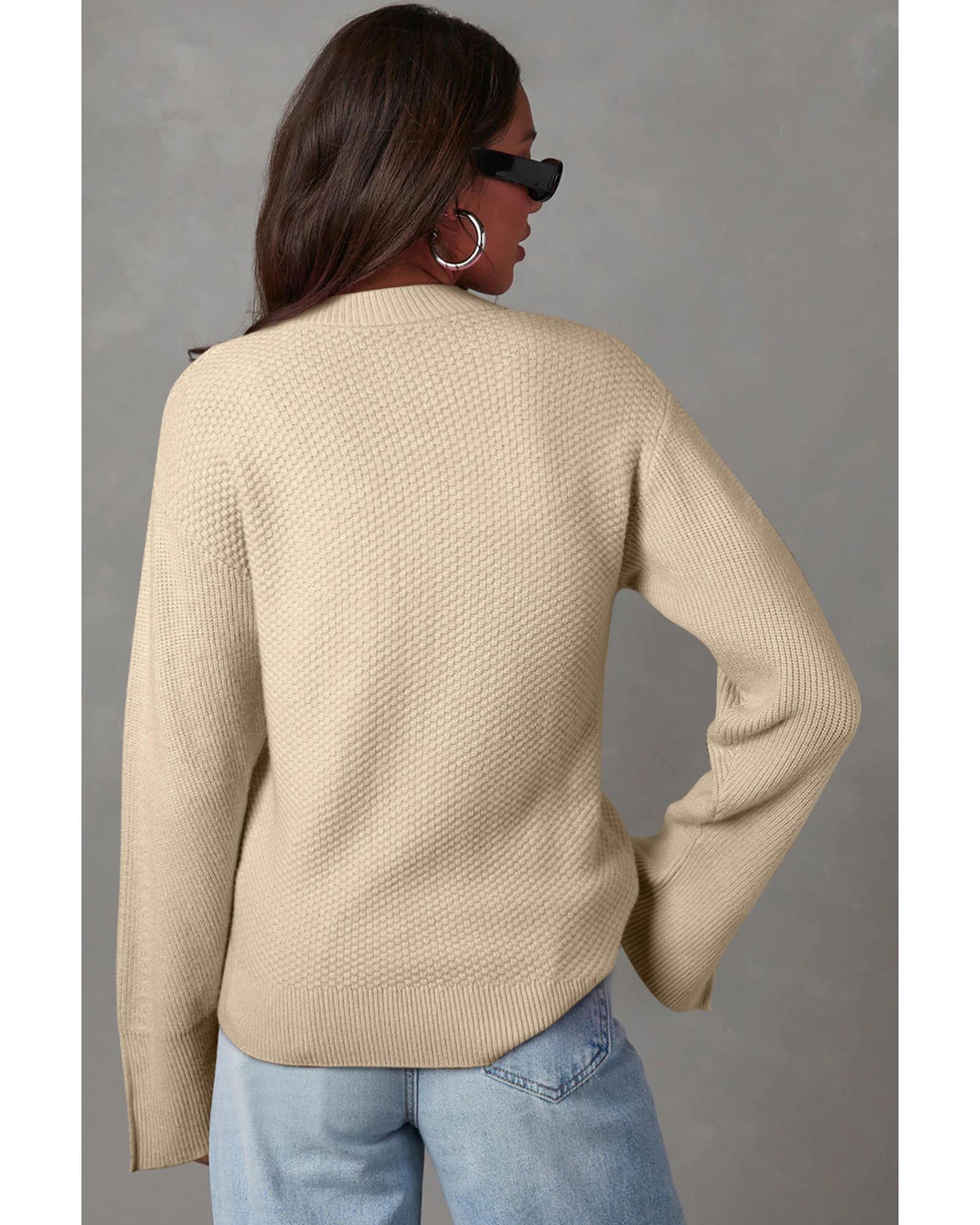 V539-AZEXDC2725075-P6016-S-202506140030-00 Parchment Solid Textured Knit Split Cuff Drop Shoulder Loose Sweater - S - Image 1