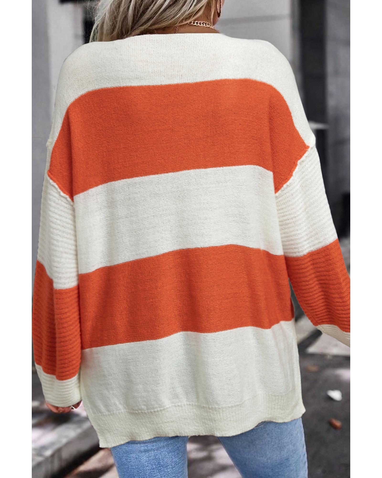 V539-AZEXDC2725109-P1419-XL-202508280445-00 Orange Stripe Loose Color Block Drop Shoulder Bubble Sleeve Sweater - XL - Image 1