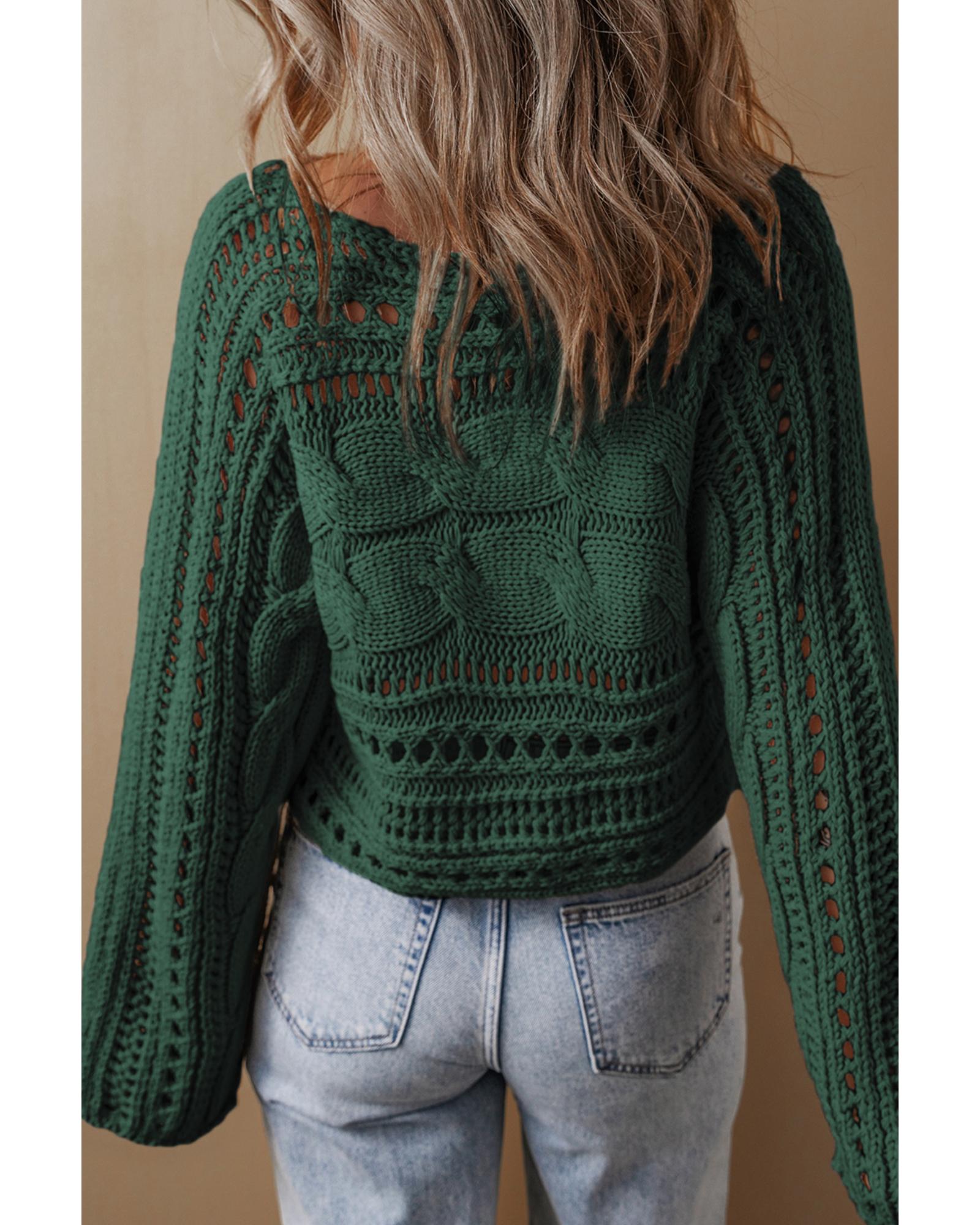 V539-AZEXDC2725151-P309-XL-202506140106-00 Blackish Green Hollow-out Cable Knit Cropped Sweater - XL - Image 1