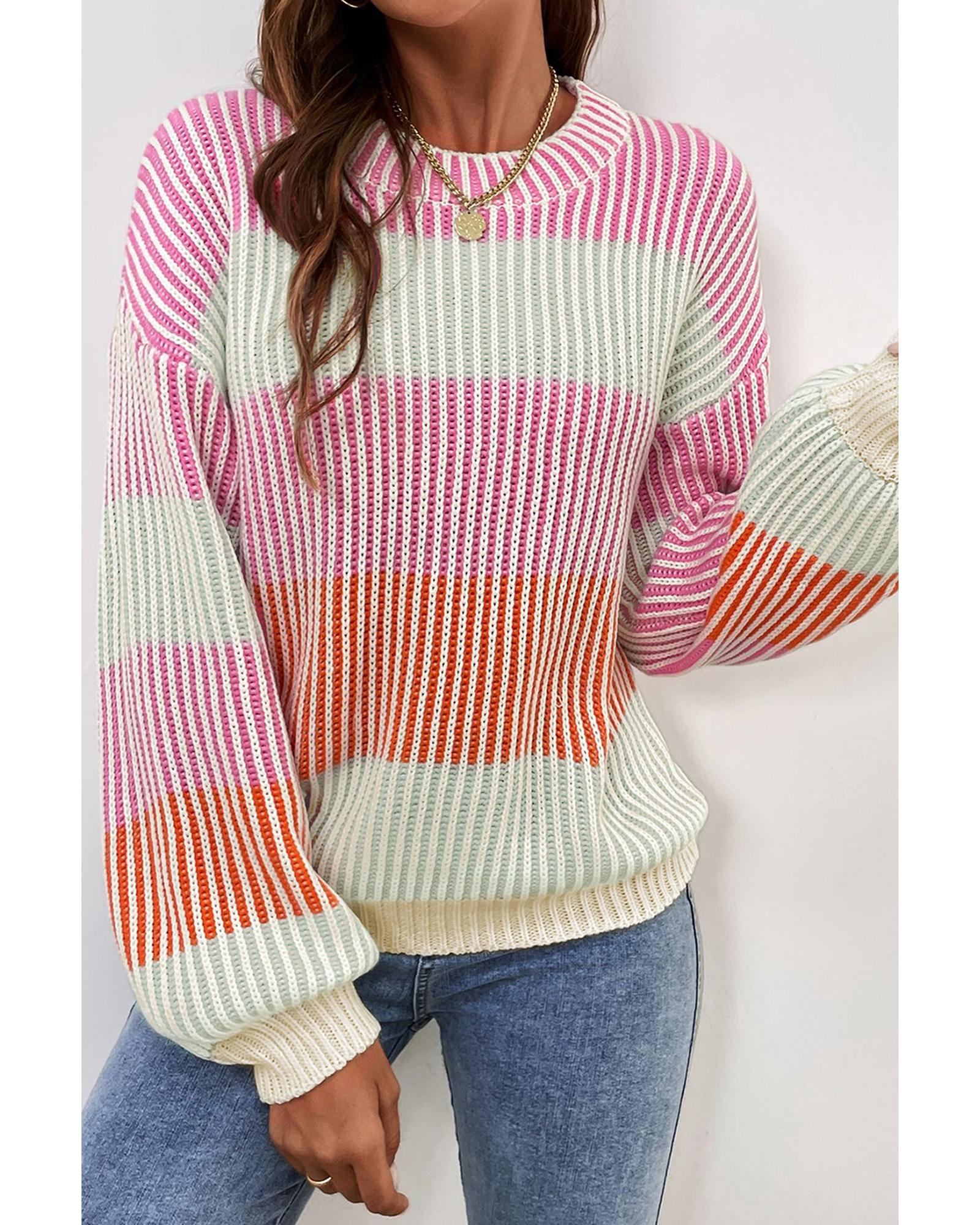 V539-AZEXDC2725196-P1022-L-202506140111-00 Pink Colorblock Textured Knit Bubble Sleeve Sweater - L - Image 1