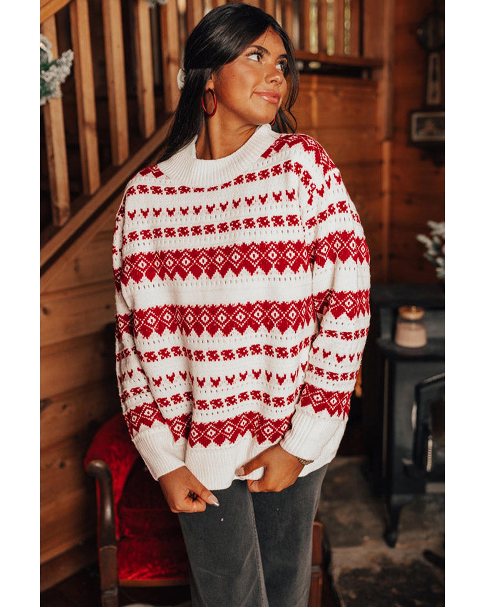 V539-AZEXDC2725240-P122-L-202508280525-00 White Western Geometric Patterned Crew Neck Loose Sweater - L - Image 1