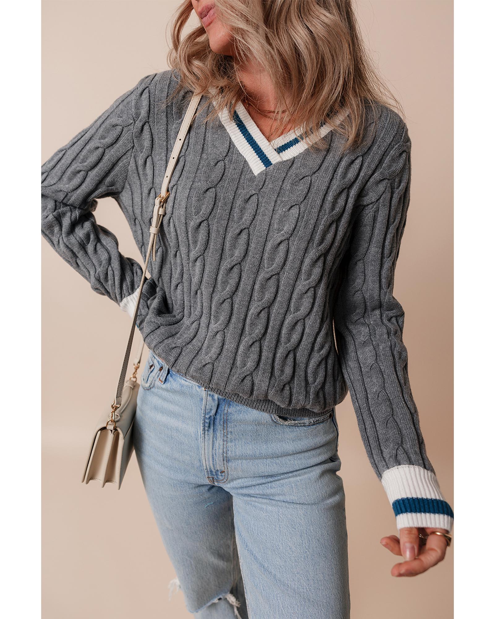 V539-AZEXDC2725307-P3011-2XL-202508281945-00 Medium Grey Color Contrast Ribbed Edge Cable Knit V Neck Sweater - 2XL - Image 1