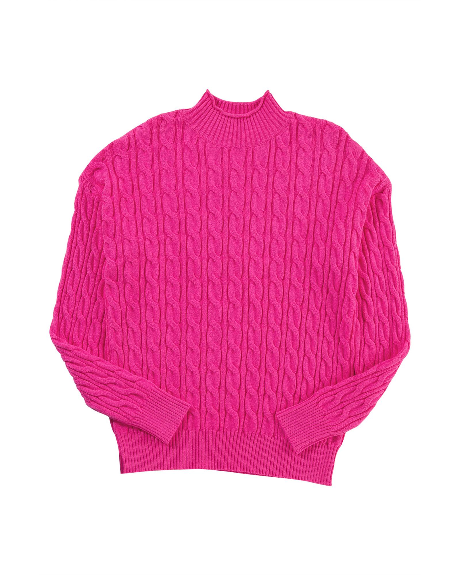 V539-AZEXDC2725308-P6-XL-202508291745-00 Rose Red Solid Cable Knit High Neck Drop Shoulder Sweater - XL - Image 1