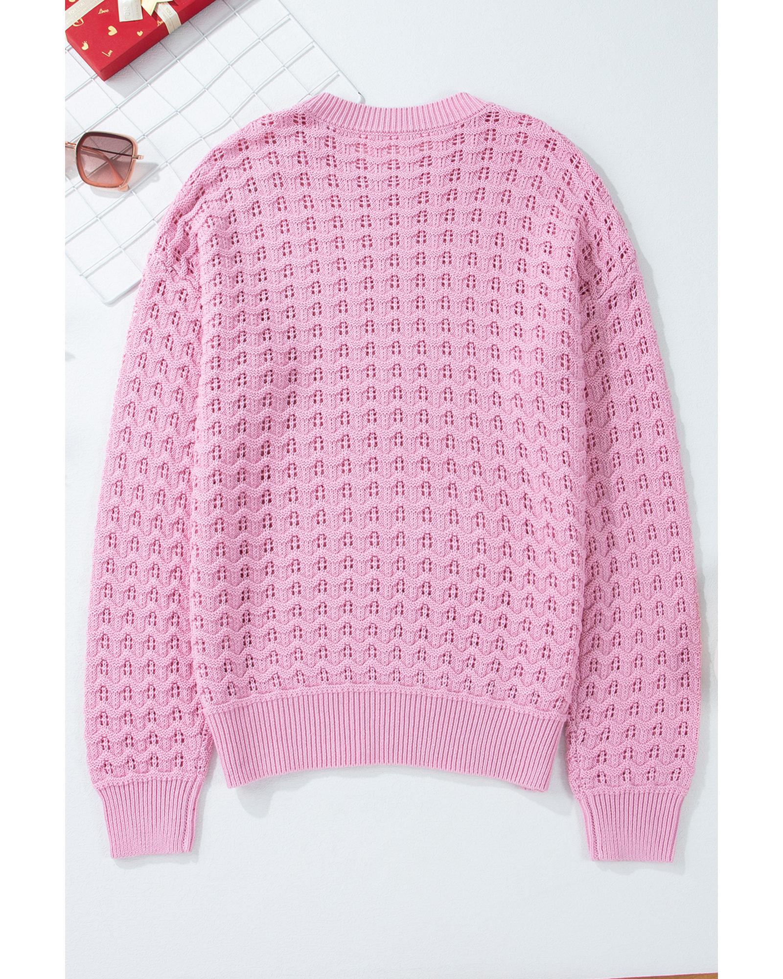 V539-AZEXDC2725377-P10-S-202506140217-00 Pink Crochet Knit Drop Shoulder Sweater - S - Image 1