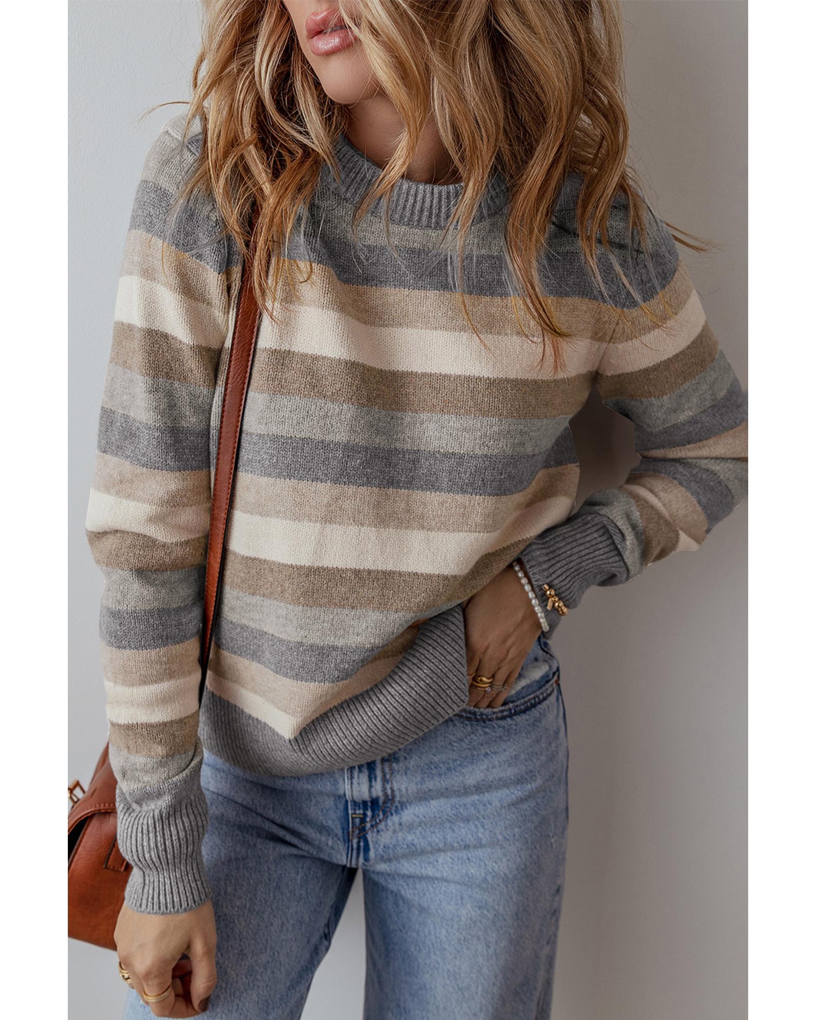 V539-AZEXDC2725464-P1119-XL-202506191753-00 Gray Stripe Color Block Ribbed Edge Round Neck Sweater - XL - Image 1