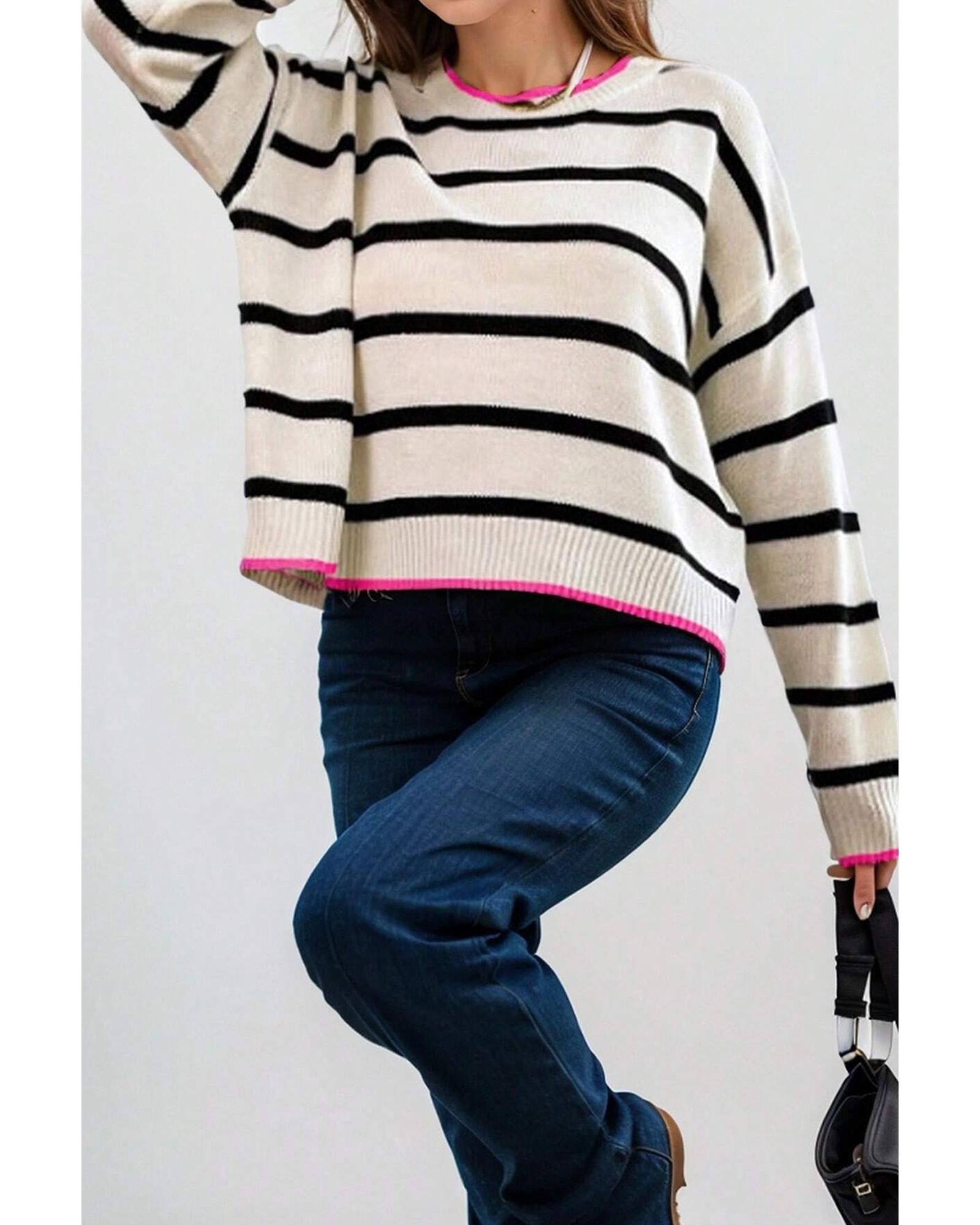 V539-AZEXDC2725510-P119-M-202508300420-00 White Stripe Color Contrast Drop Shoulder Crew Neck Sweater - M - Image 1