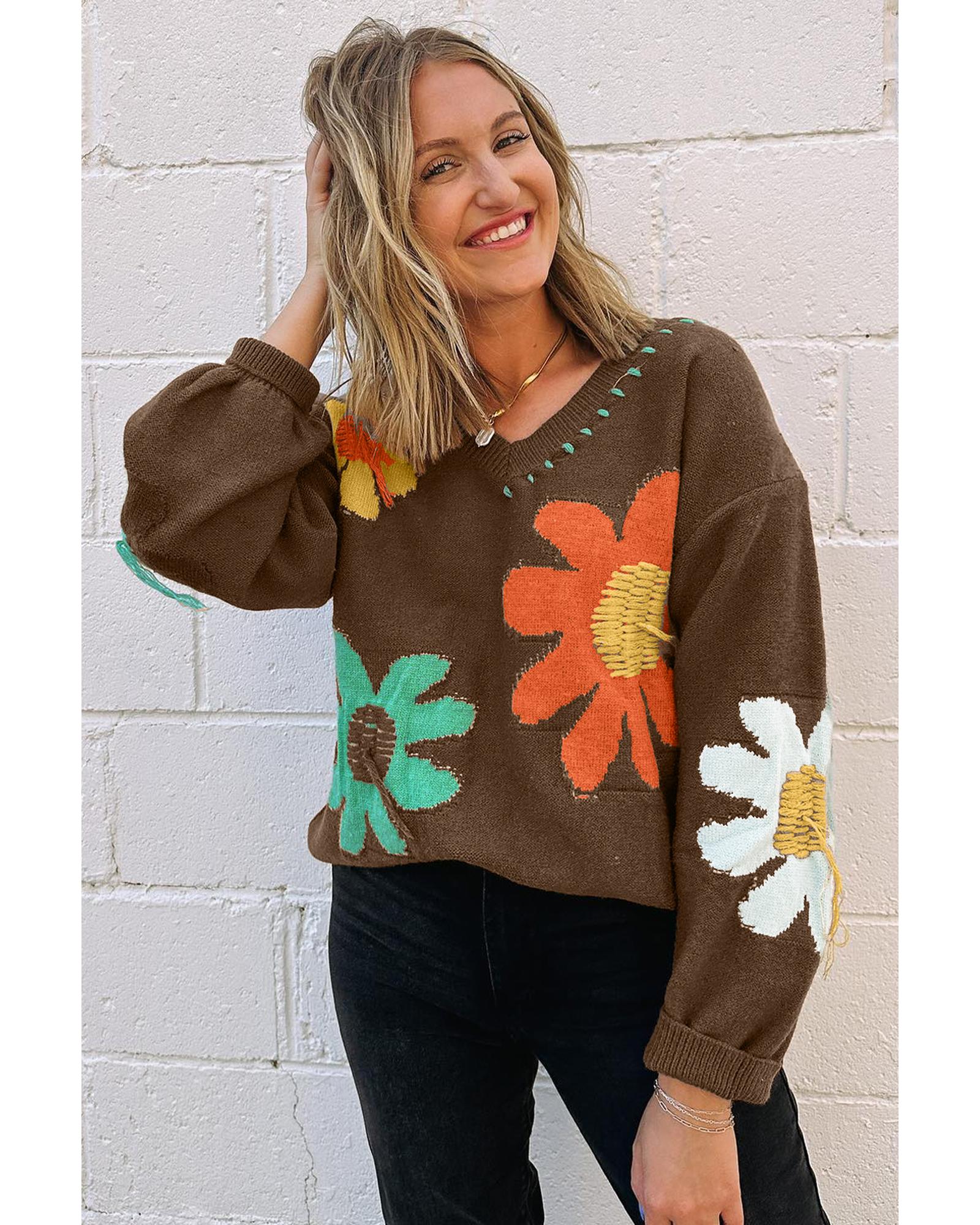V539-AZEXDC2725515-P1017-XL-202508280806-00 Coffee Big Flower Pattern V Neck Drop Shoulder Sweater - XL - Image 1