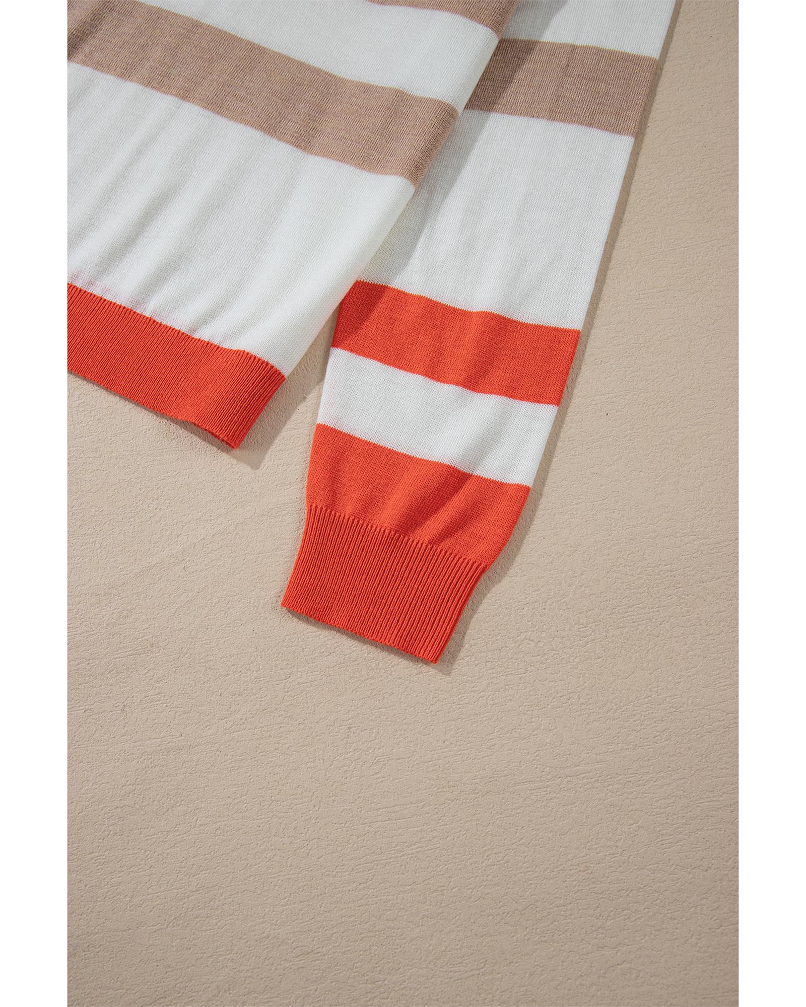 V539-AZEXDC2725525-P1822-L-202508290005-00 Apricot Colorblock Striped Round Neck Drop Shoulder Sweater - L - Image 1