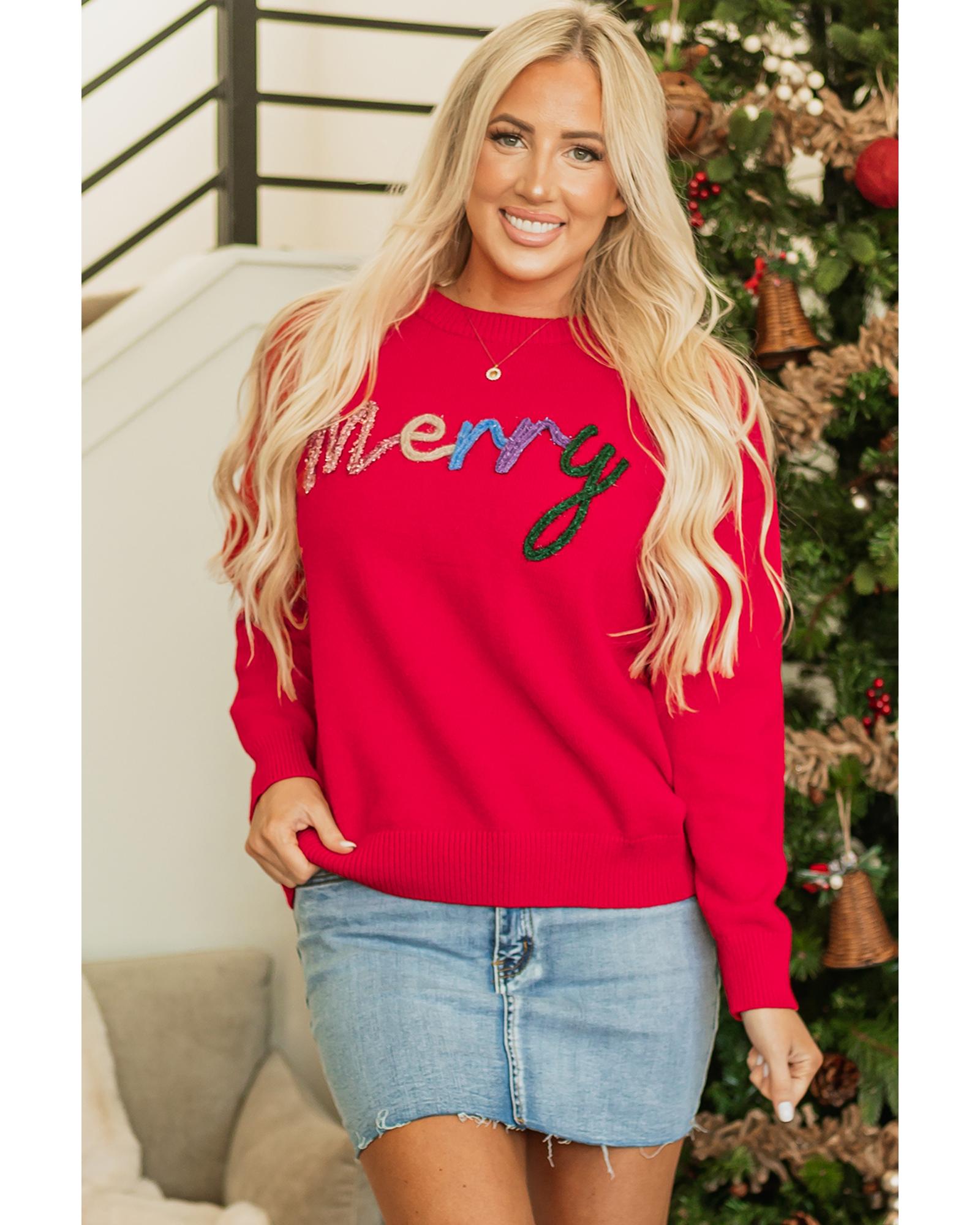 V539-AZEXDC2725581-P3-L-202508280110-00 Fiery Red Tinsel Merry Letter Drop Shoulder Baggy Sweater - L - Image 1
