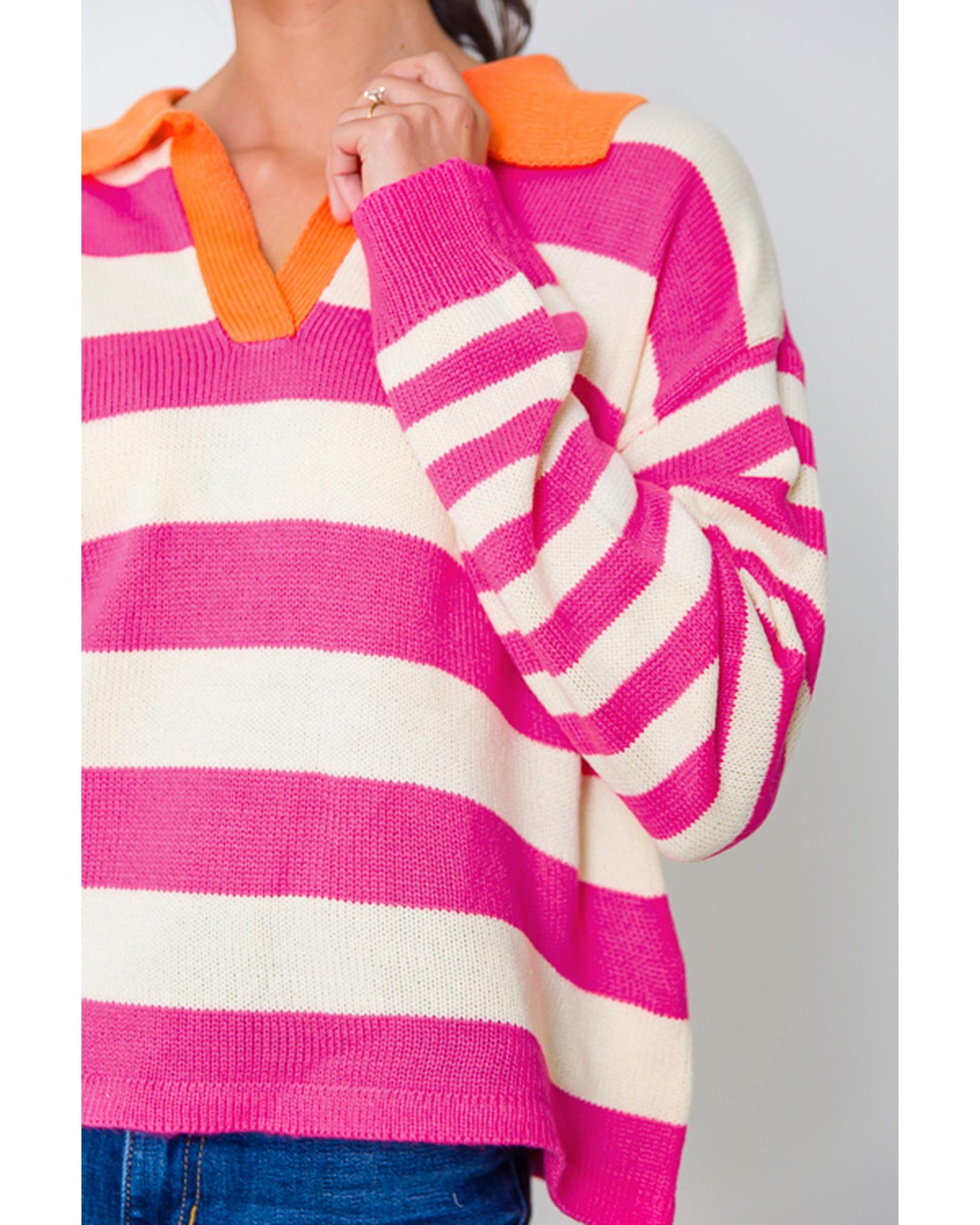 V539-AZEXDC2725583-P619-L-202508280745-00 Rose Stripe Color Block Collared V Neck Drop Shoulder Sweater - L - Image 1