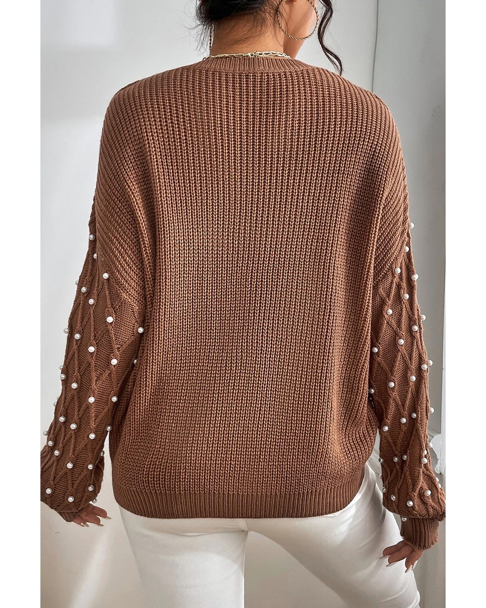 V539-AZEXDC2725605-P2017-L-202508300205-00 Chestnut Beaded Drop Shoulder Round Neck Sweater - L - Image 1