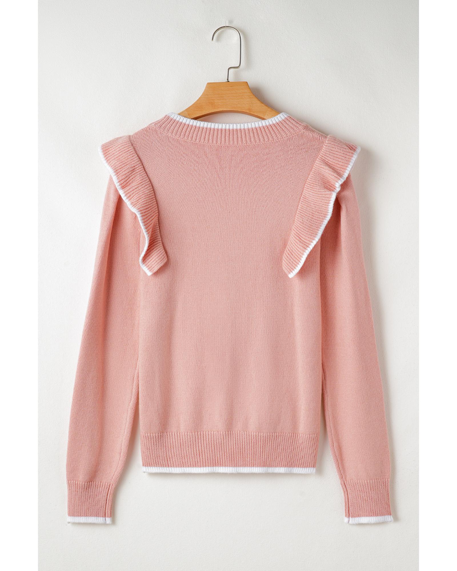 V539-AZEXDC2725639-P1010-XL-202508291845-00 Light Pink Ruffled Bowknot Ribbed Trim Long Sleeve Sweater - XL - Image 1