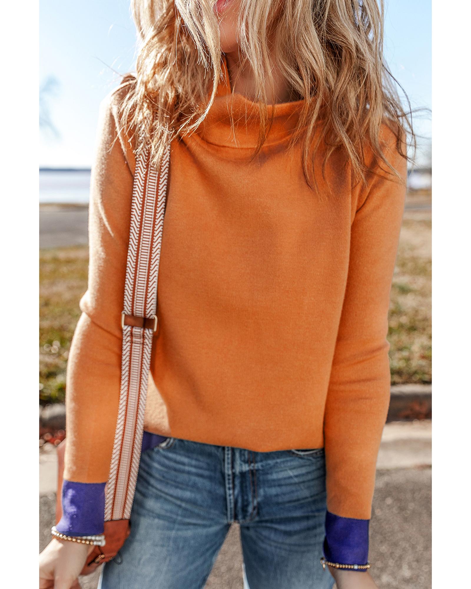 V539-AZEXDC2725652-P8016-M-202508280240-00 Straw Yellow Color Contrast Edge Mock Neck Slim Fit Sweater - M - Image 1