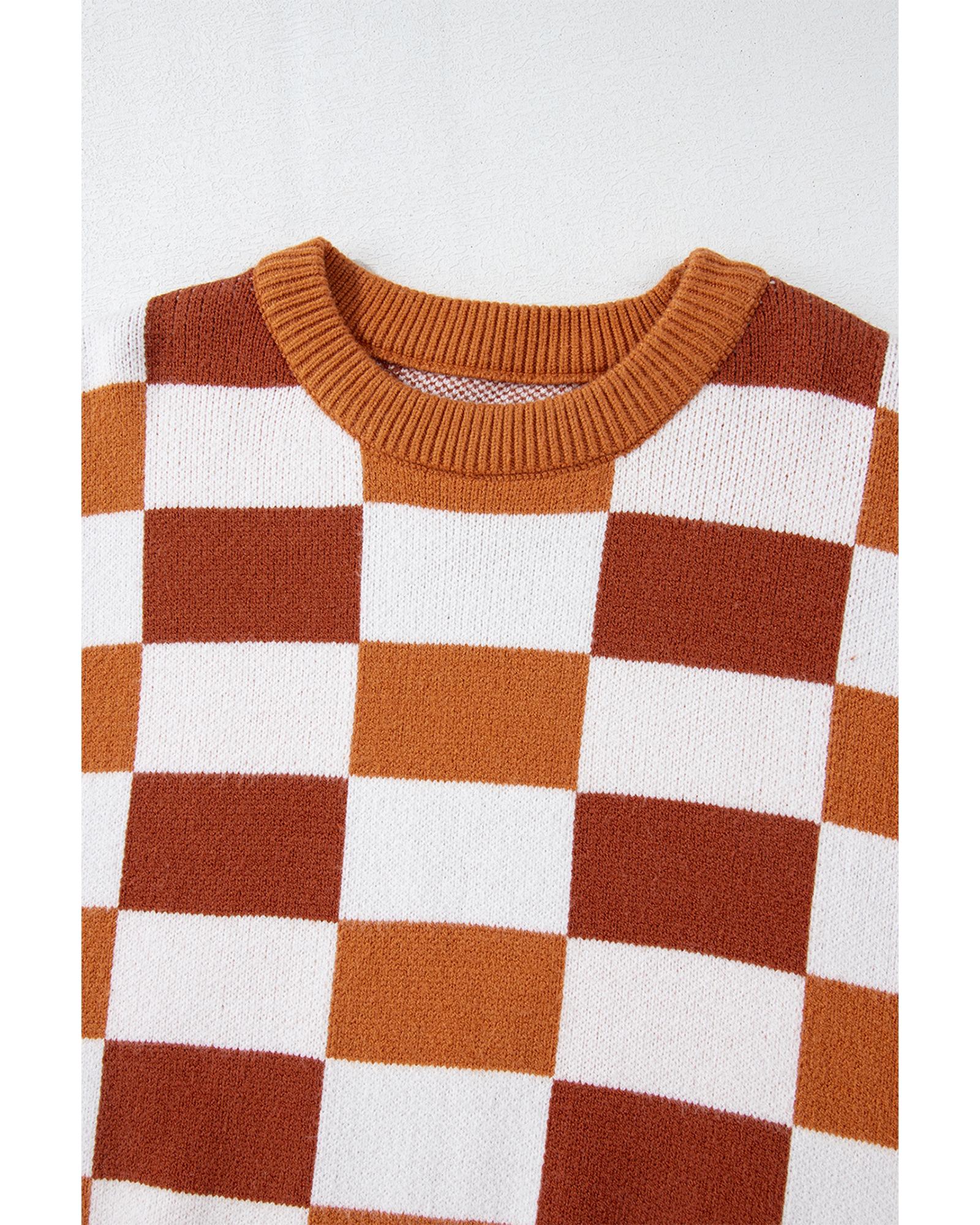 V539-AZEXDC2725680-P1422-XL-202508282255-00 Orange Checkered Ribbed Edge O Neck Drop Shoulder Sweater - XL - Image 1