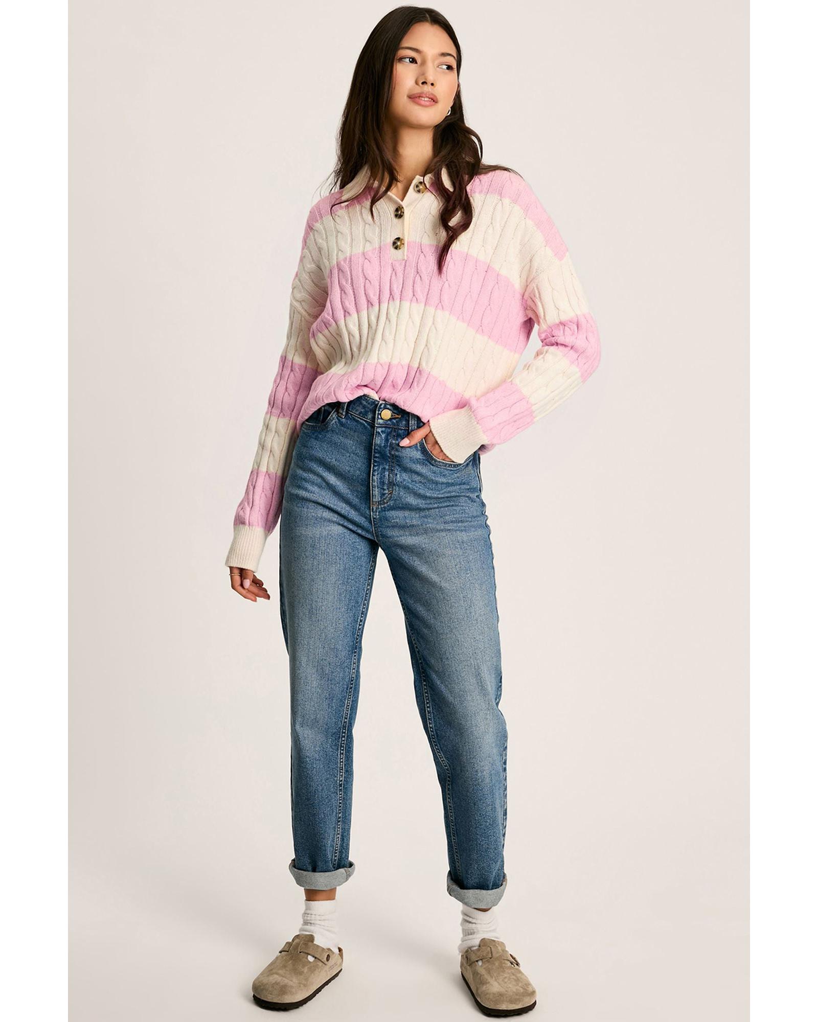 V539-AZEXDC2725731-P1019-S-202506140542-00 Pink Stripe Cable Knit Collared Henley Sweater - S - Image 1