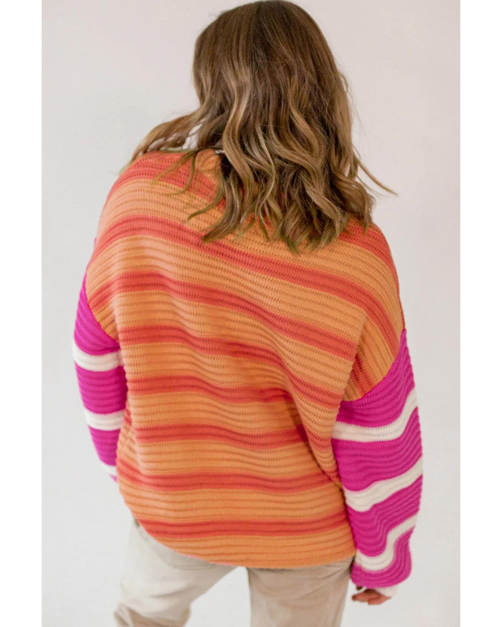 V539-AZEXDC2725760-P1419-M-202508280220-00 Orange Stripe Colorblock Crew Neck Drop Shoulder Loose Sweater - M - Image 1