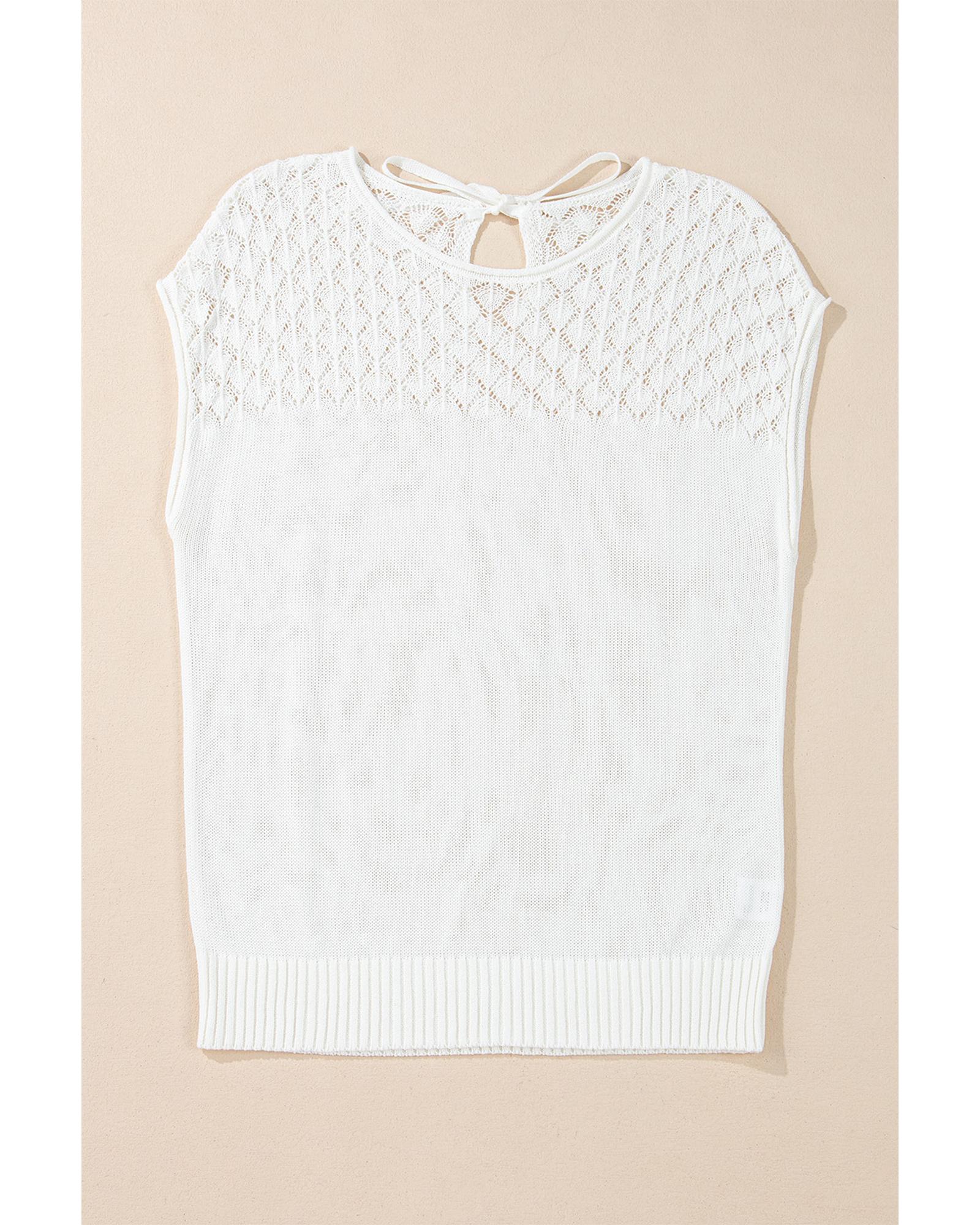 V539-AZEXDC2725777-P1-S-202506140612-00 White Eyelet Knit Tied Back Short Sleeve Sweater - S - Image 1
