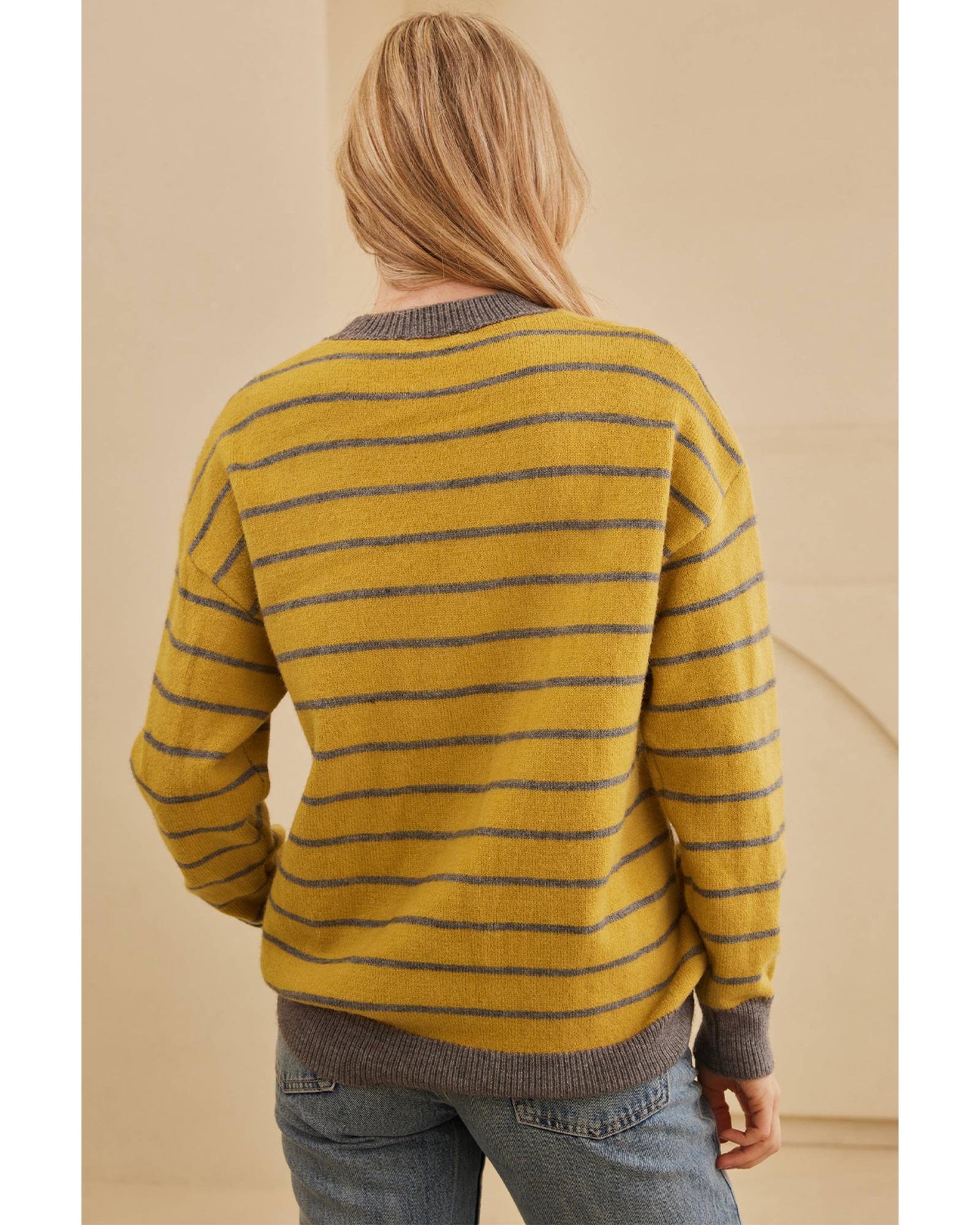 V539-AZEXDC2725859-P719-M-202508291345-00 Yellow Stripe Daisy Floral Knitted Round Neck Sweater - M - Image 1