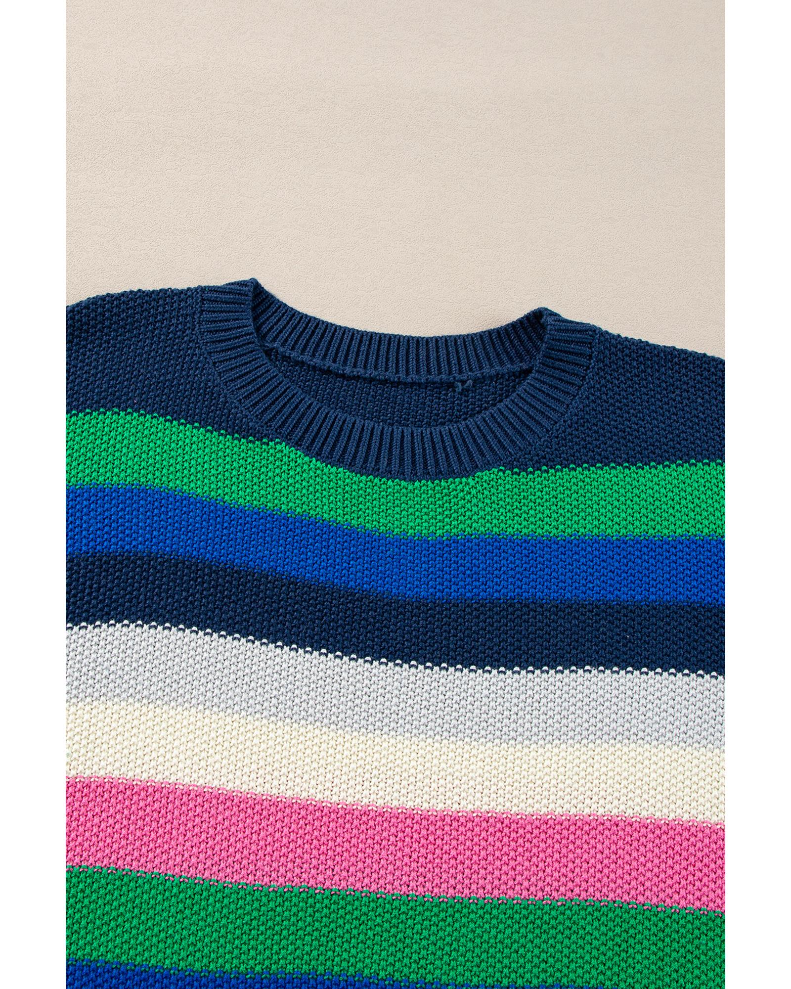 V539-AZEXDC2725887-P109-XL-202508300545-00 Bright Green Rainbow Striped Crew Neck Drop Shoulder Sweater - XL - Image 1