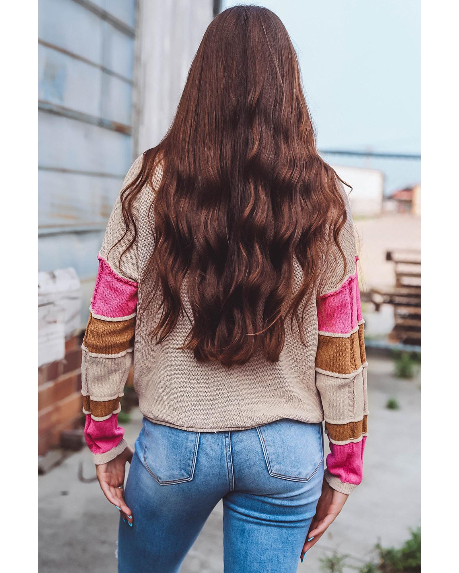 V539-AZEXDC2725949-P6017-L-202508281520-00 Simply Taupe Colorblock Exposed Seam Round Neck Sweater - L - Image 1