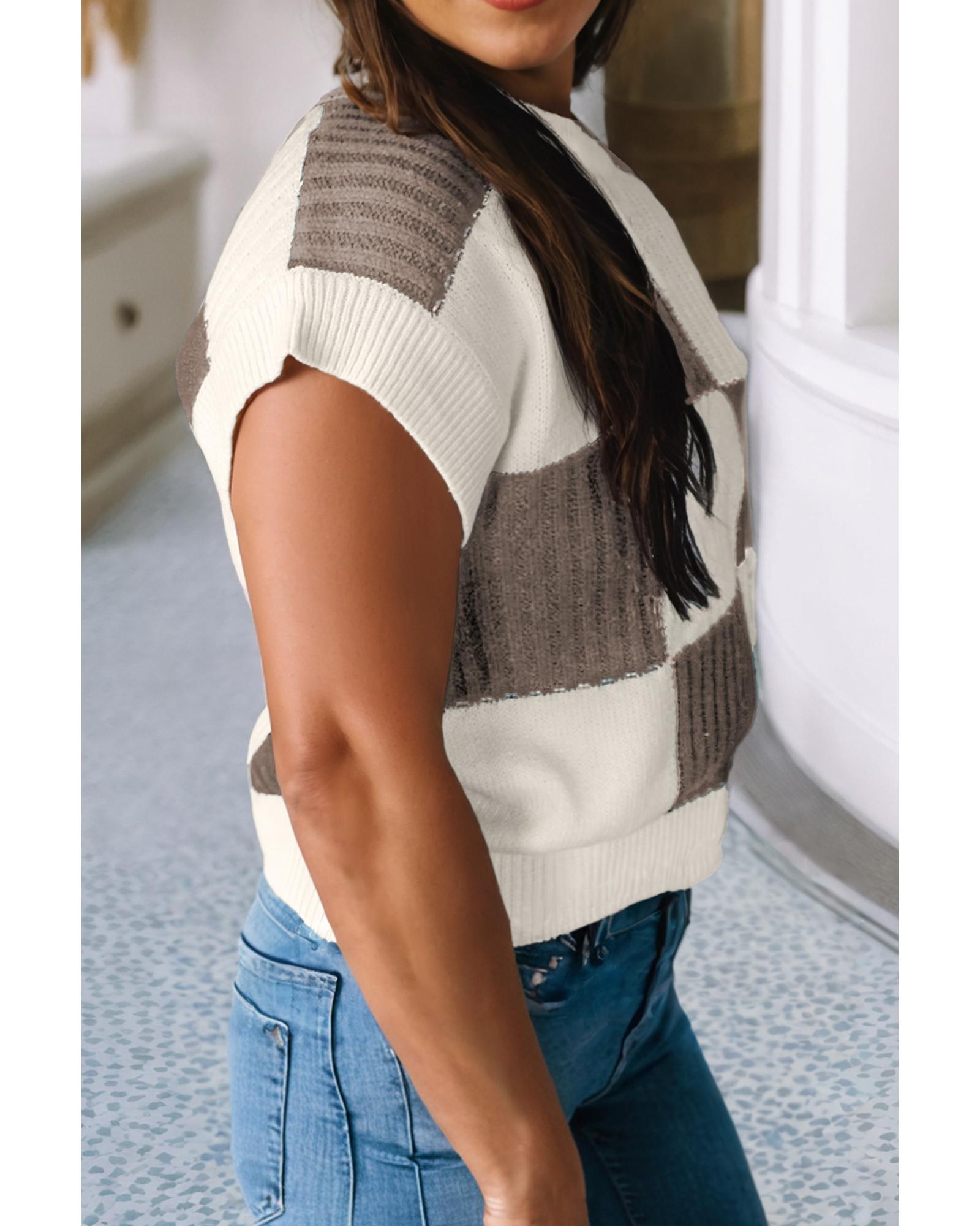 V539-AZEXDC2725991-P1622-L-202508300330-00 Khaki Checkered Color Block Crew Neck Short Sleeve Sweater - L - Image 1