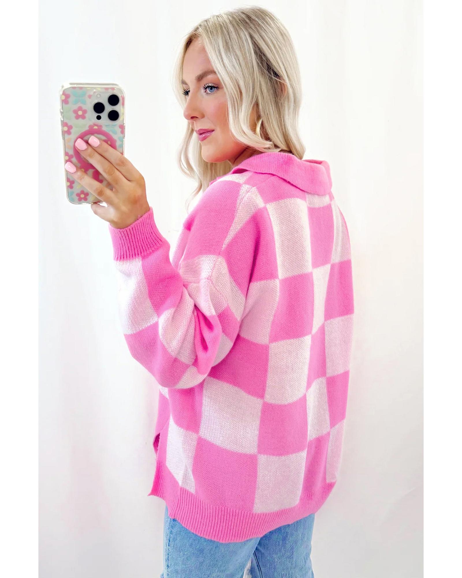 V539-AZEXDC2726010-P10-S-202506140322-00 Pink Checkerboard Half Button Collared Drop Shoulder Sweater - S - Image 1