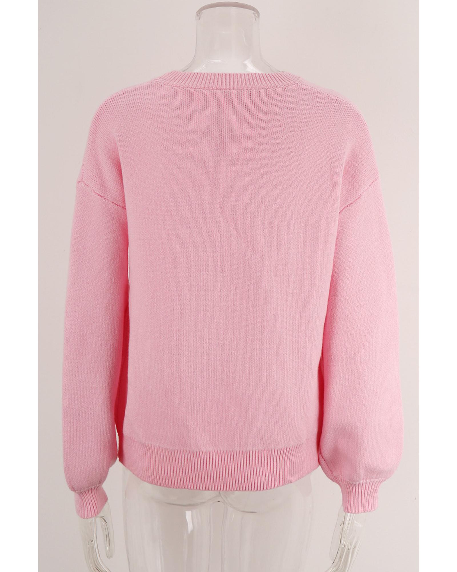 V539-AZEXDC2726197-P10-XL-202508282215-00 Pink Bow Graphic Drop Shoulder Round Neck Sweater - XL - Image 1
