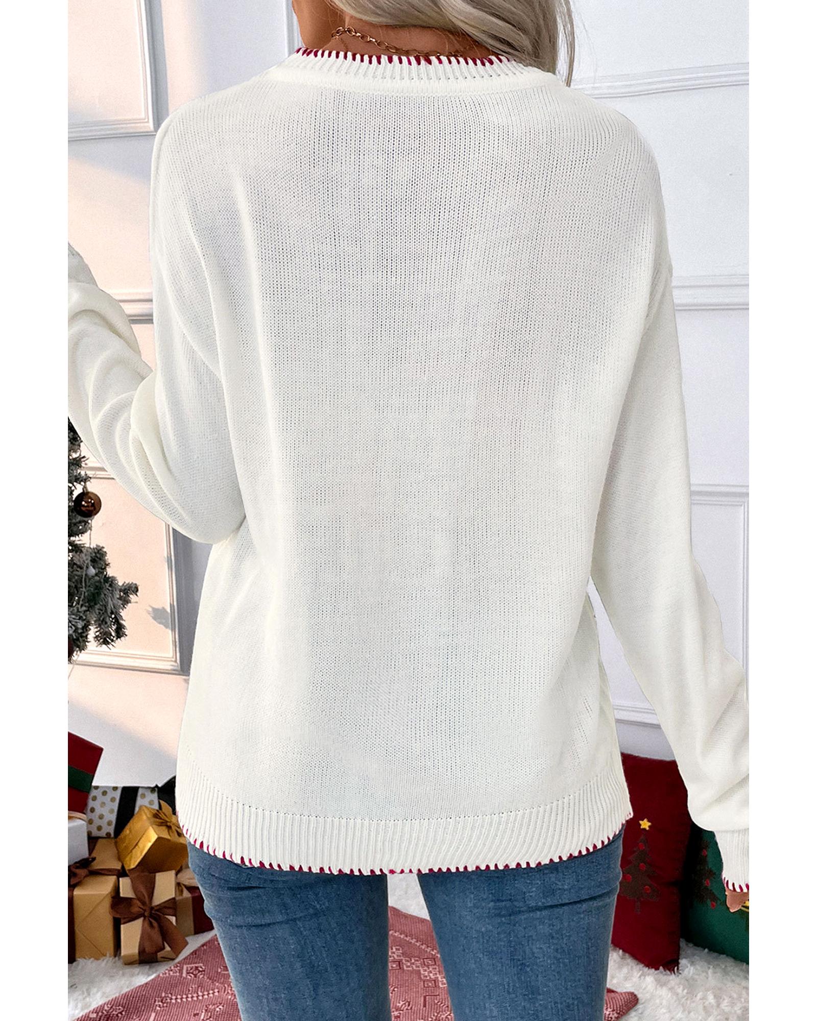 V539-AZEXDC2726212-P1-S-202506140411-00 White Bow Pattern Contrast Trim Christmas Loose Graphic Sweater - S - Image 1