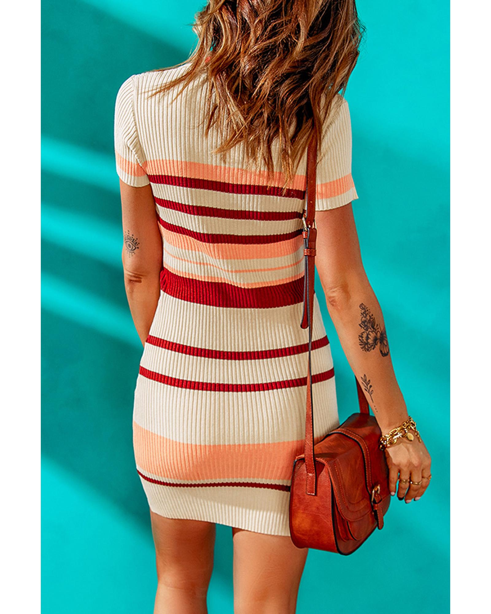 V539-AZEXDC273251-18-M-202508280240-00 Apricot Striped Ribbed Knit V Neck Bodycon Mini Dress - M - Image 1
