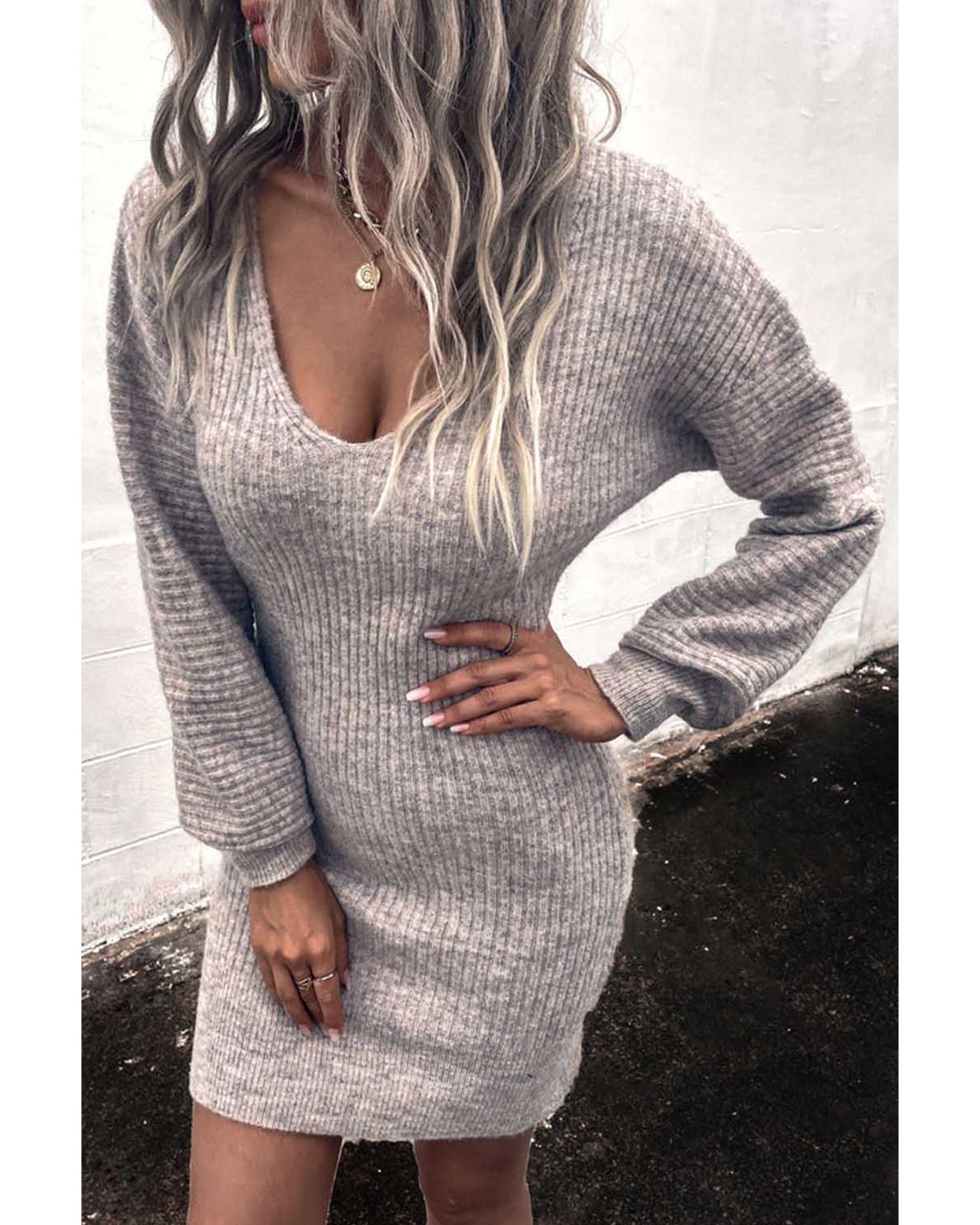 V539-AZEXDC273474-11-L-202508281130-00 Gray V Neck Bodycon Sweater Dress - L - Image 1