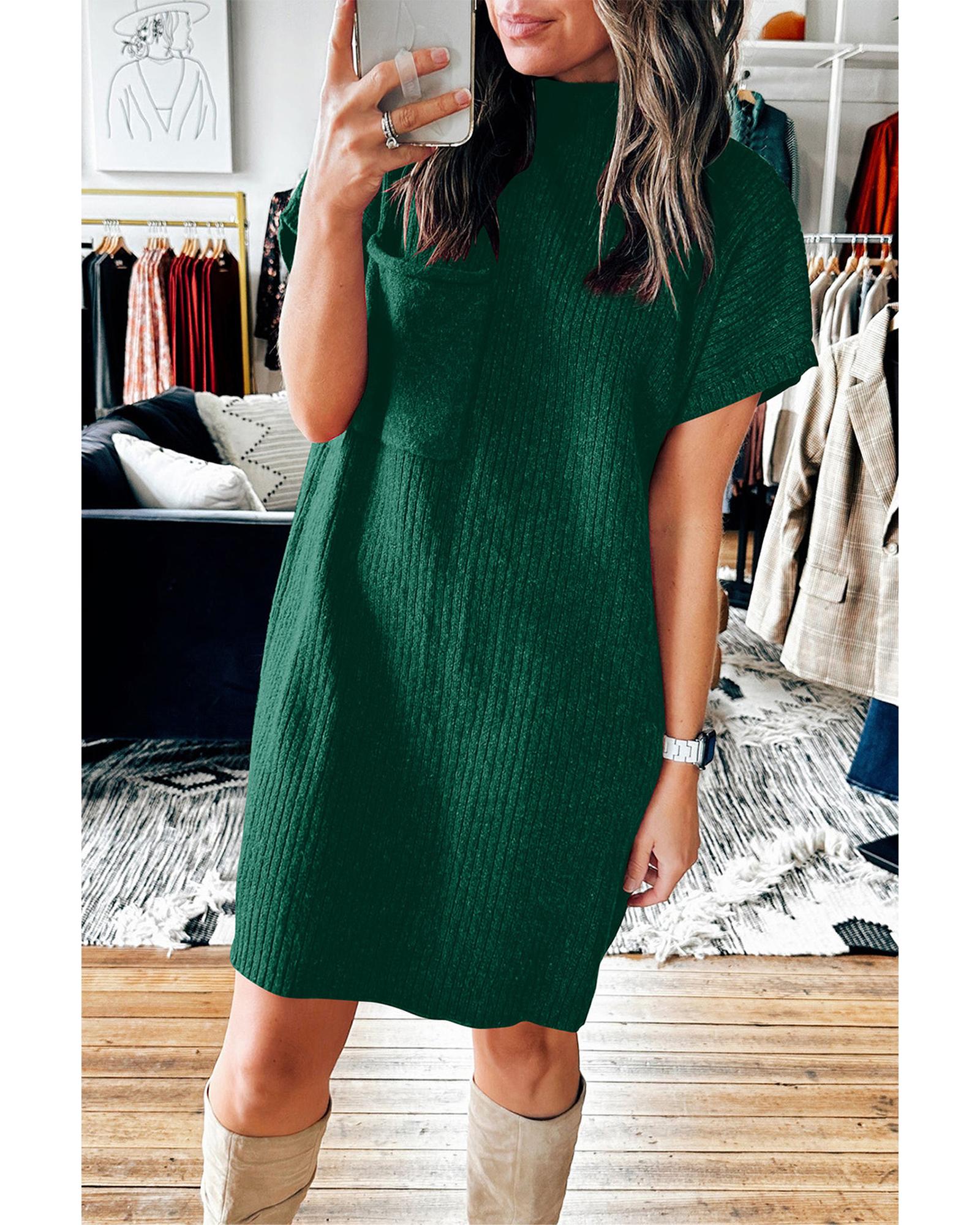 V539-AZEXDC273653-P309-M-202508292335-00 Blackish Green Patch Pocket Ribbed Knit Short Sleeve Sweater Dress - M - Image 1