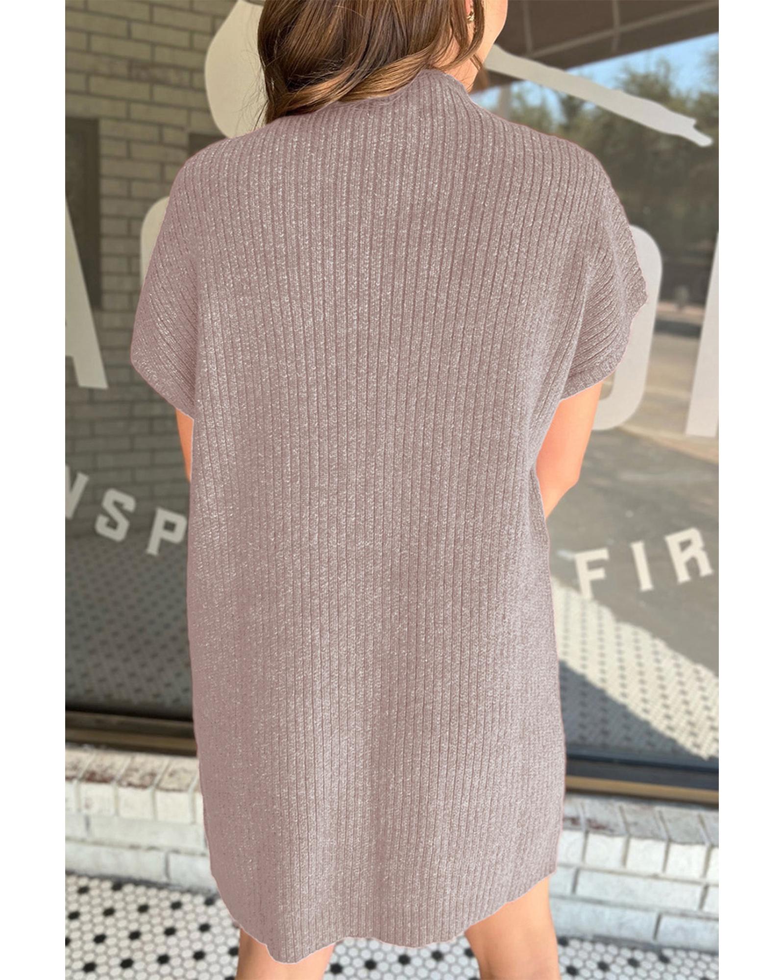V539-AZEXDC273653-P6017-M-202508300525-00 Simply Taupe Patch Pocket Ribbed Knit Short Sleeve Sweater Dress - M - Image 1
