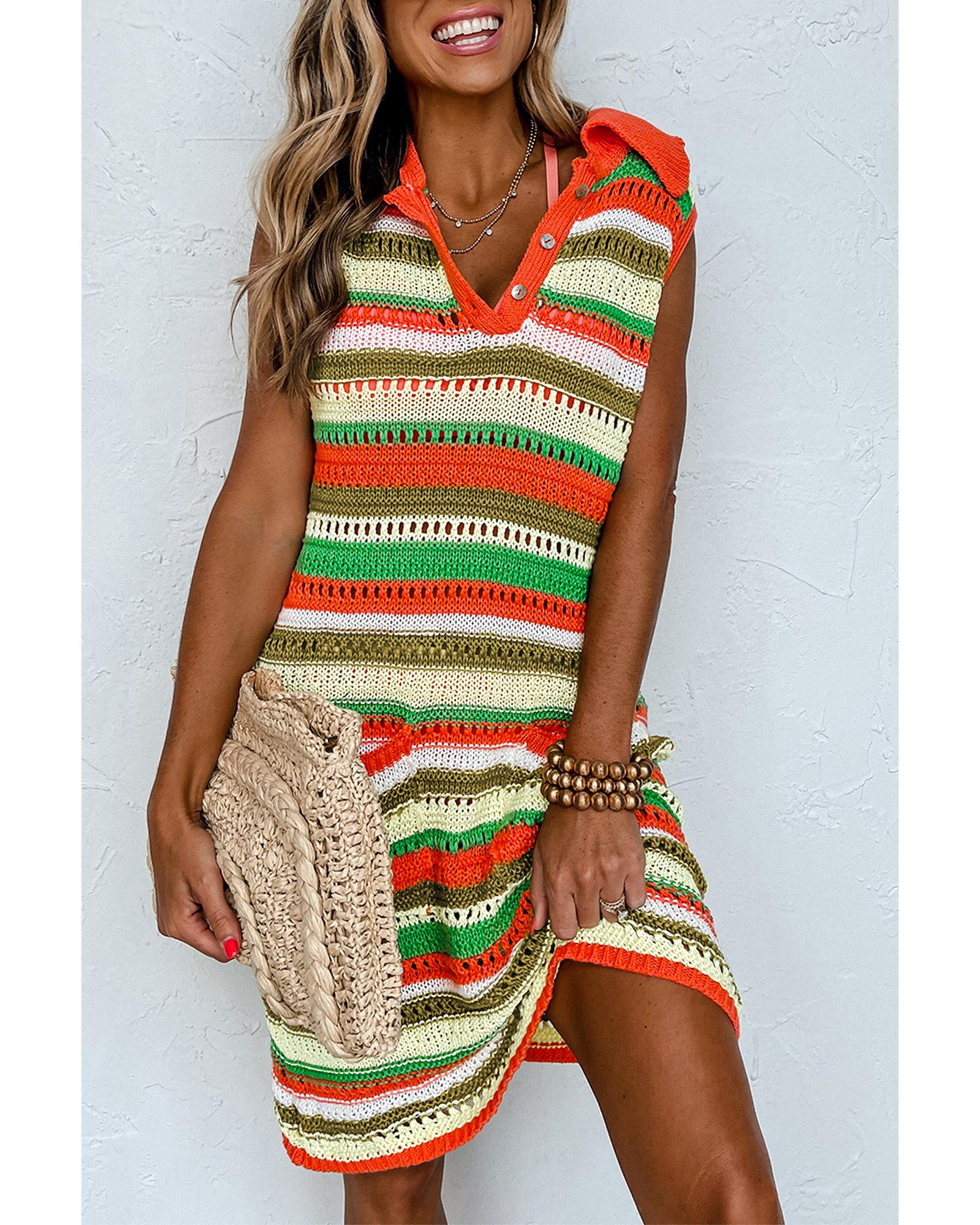 V539-AZEXDC273681-P719-XL-202508280615-00 Yellow Stripe Eyelet Sleeveless Buttoned Split Neck Sweater Dress - XL - Image 1