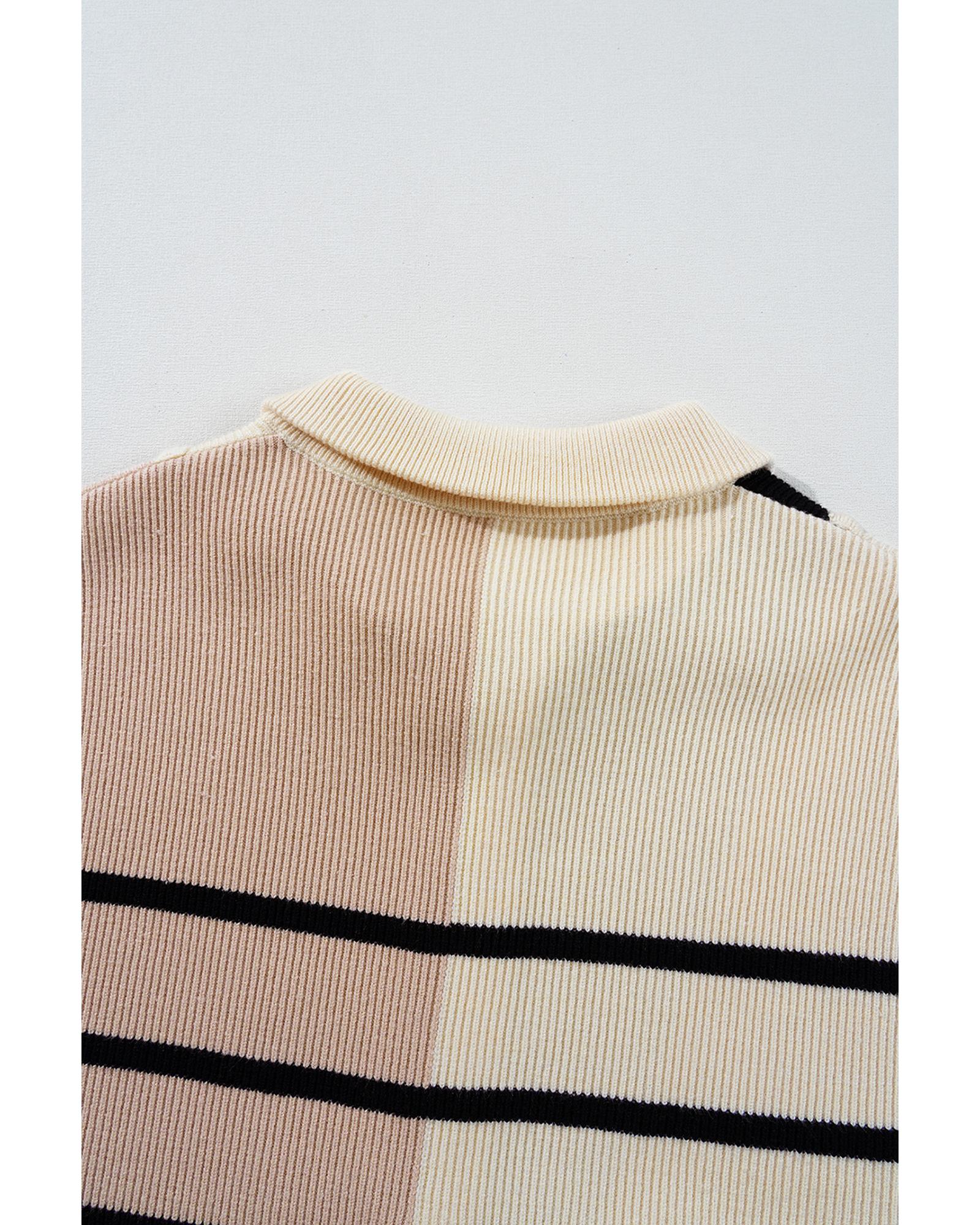 V539-AZEXDC273804-P1619-L-202508300440-00 Khaki Stripe Color Block Quarter Zip Collar Short Sleeve Sweater Dress - L - Image 1