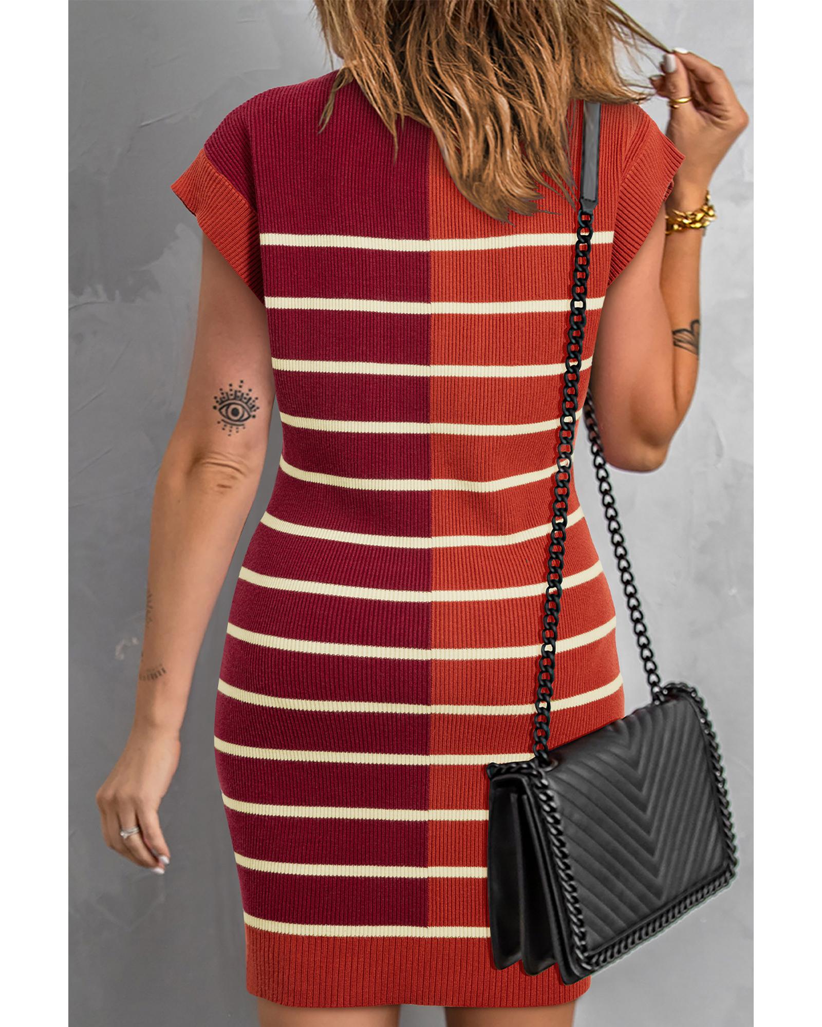 V539-AZEXDC273804-P1719-L-202508280625-00 Brown Stripe Color Block Quarter Zip Collar Short Sleeve Sweater Dress - L - Image 1