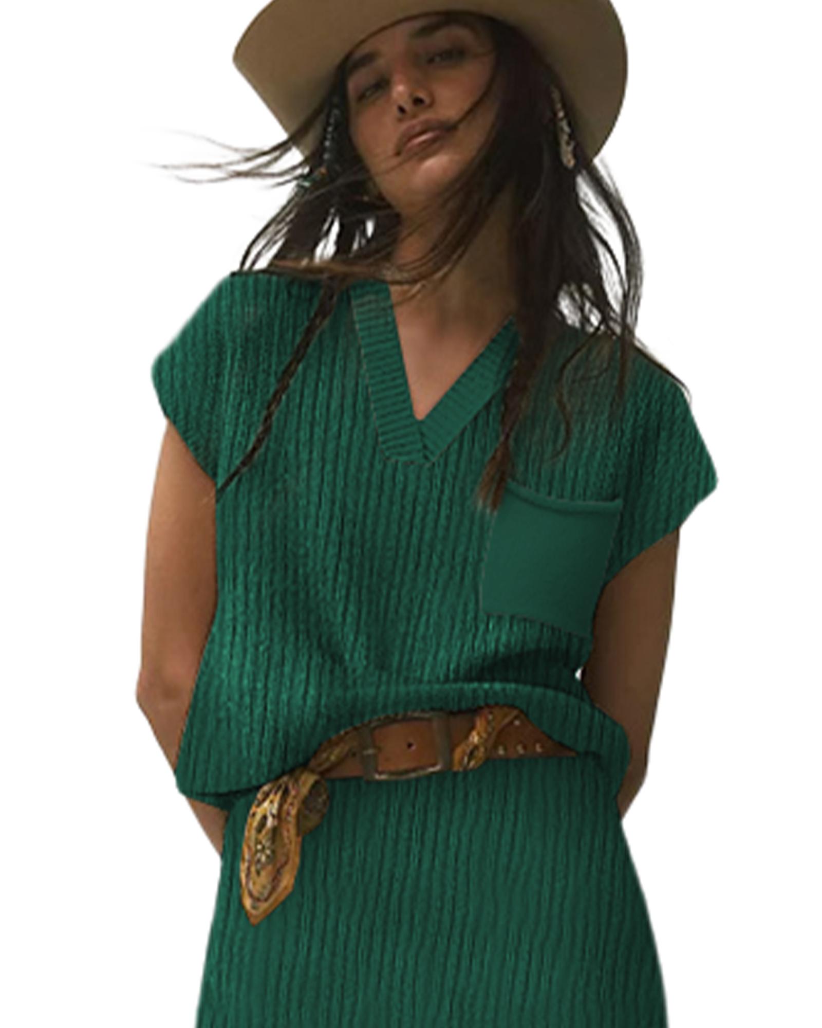 V539-AZEXDC274021-P309-M-202508291830-00 Blackish Green Chest Pocket V Neck Ribbed Cap Sleeve Sweater - M - Image 1