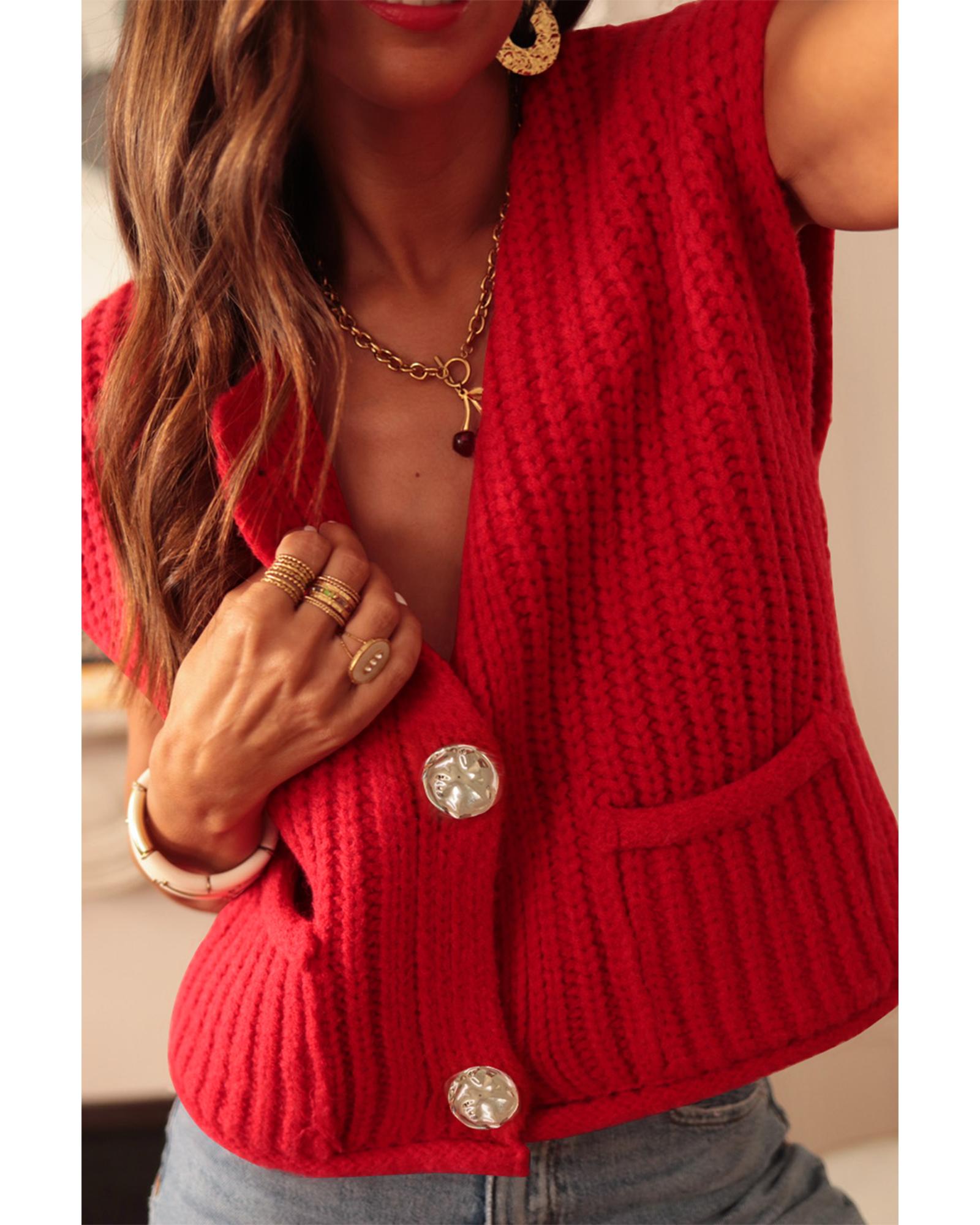 V539-AZEXDC274085-P3-L-202508300545-00 Fiery Red Solid Textured Knit Side Pockets Buttoned Sweater Vest - L - Image 1