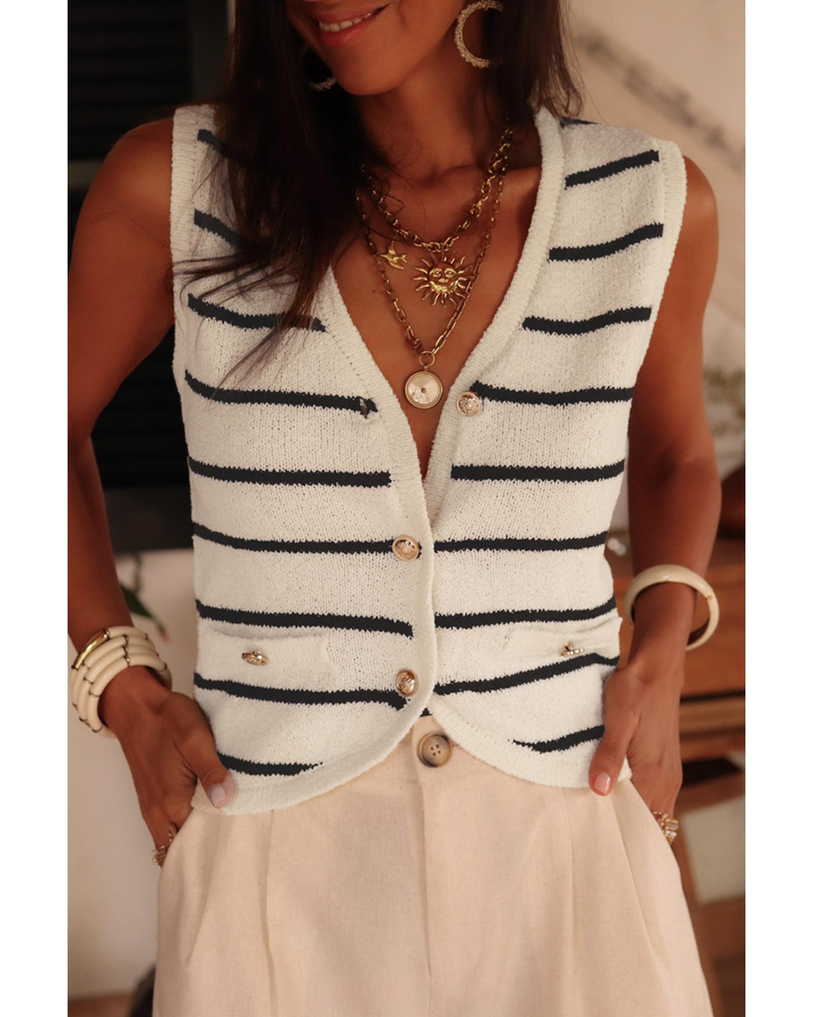 V539-AZEXDC274091-P219-XL-202508281635-00 Black Stripe Buttoned V Neck Slim Fit Sweater Vest - XL - Image 1