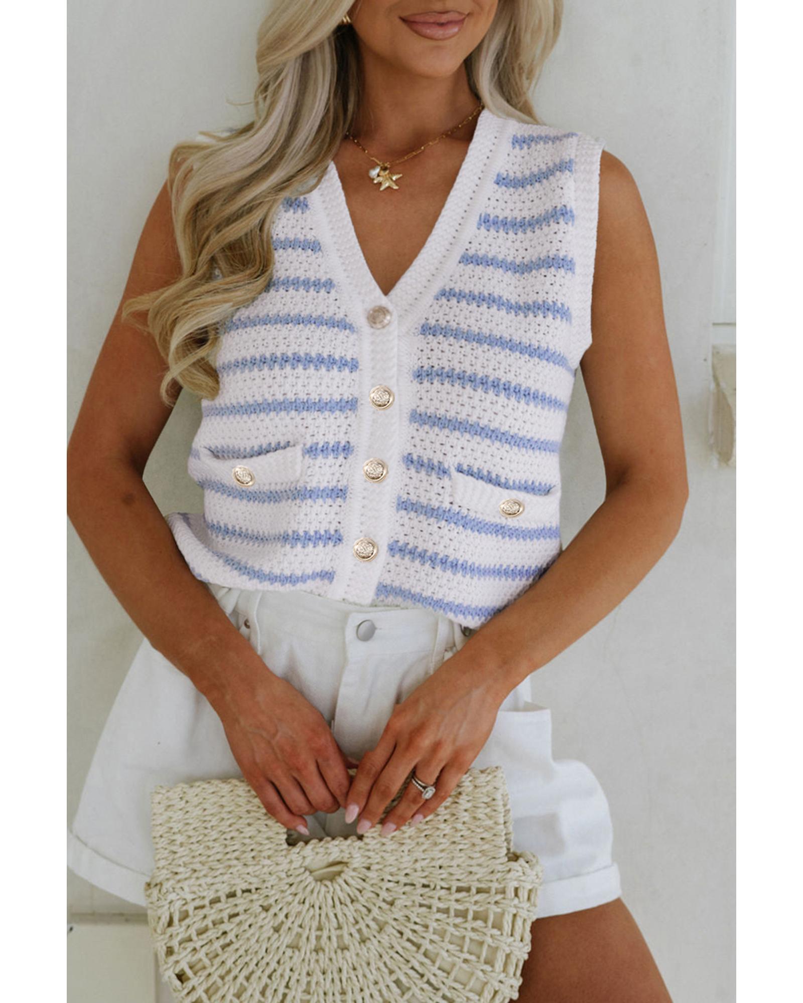 V539-AZEXDC274127-P419-XL-202508280635-00 Sky Blue Stripe V Neck Gold Buttons Elegant Sweater Vest - XL - Image 1