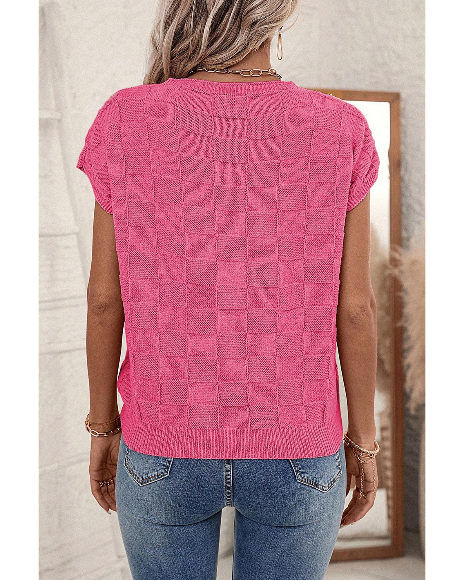 V539-AZEXDC276182-P106-M-202506140241-00 Bright Pink Lattice Textured Knit Short Sleeve Sweater - M - Image 1