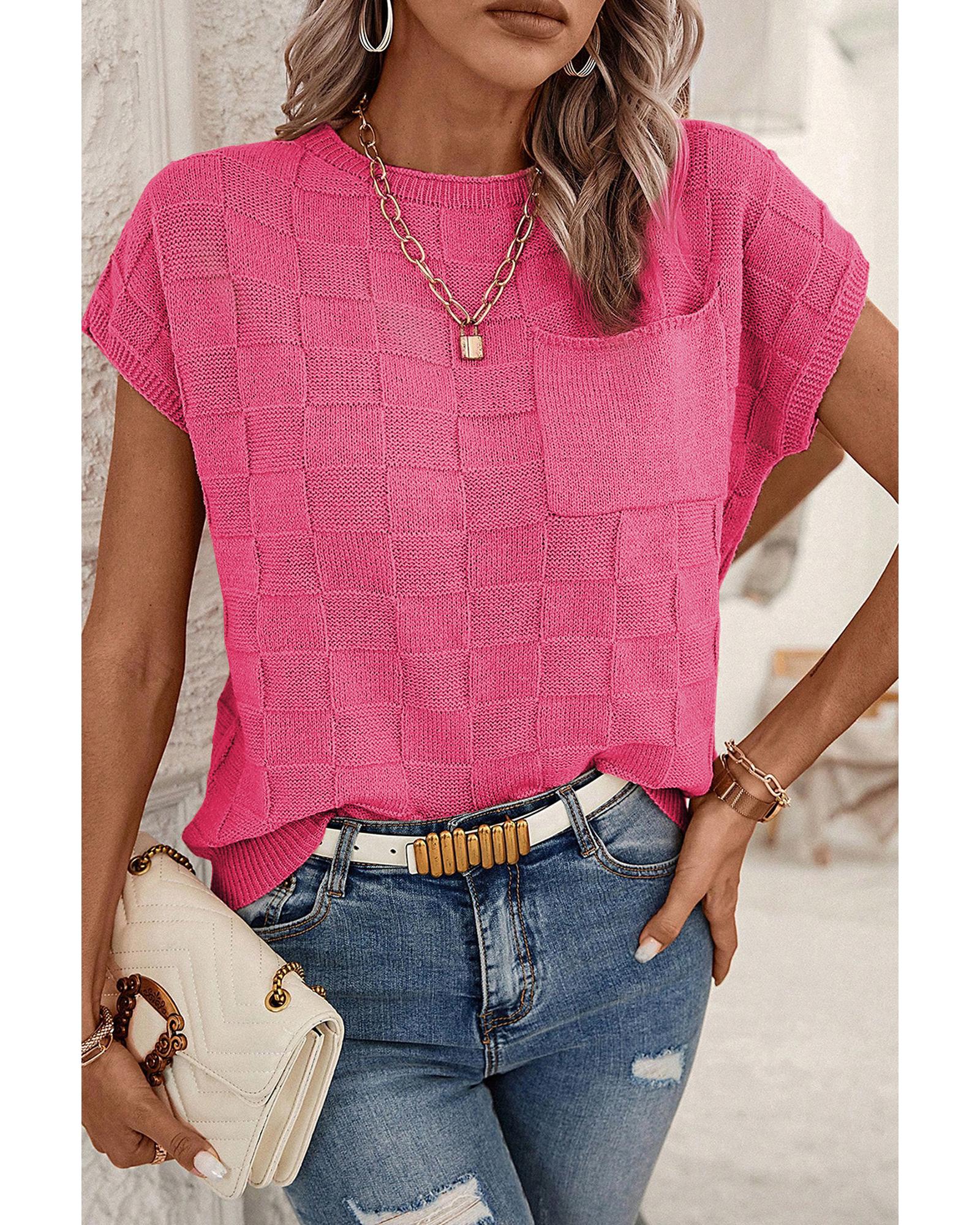 V539-AZEXDC276182-P106-XL-202508281130-00 Bright Pink Lattice Textured Knit Short Sleeve Sweater - XL - Image 1