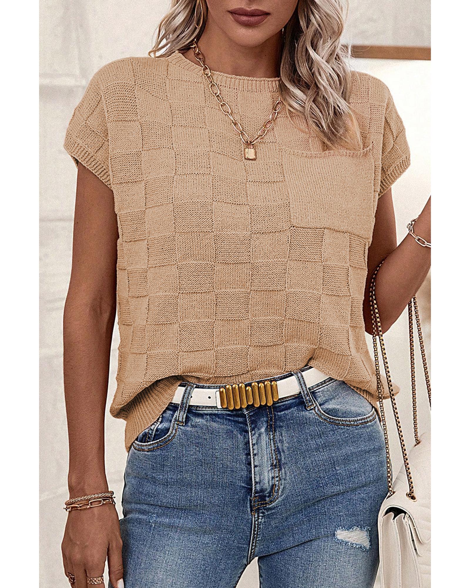 V539-AZEXDC276182-P7016-XL-202508281530-00 Smoke Gray Lattice Textured Knit Short Sleeve Sweater - XL - Image 1