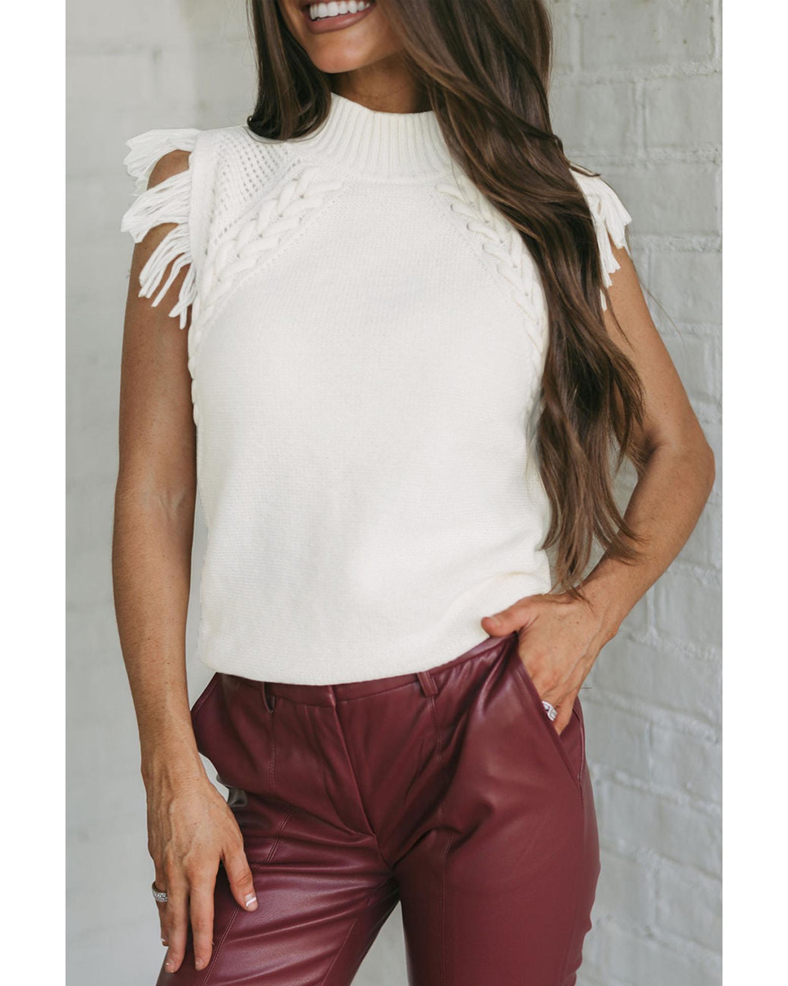 V539-AZEXDC276185-P1-L-202508282305-00 White Woven Tasseled Sleeveless Mock Neck Sweater Vest - L - Image 1