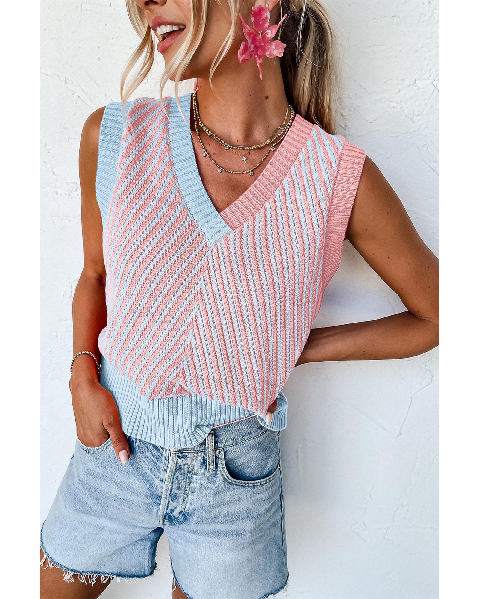V539-AZEXDC276220-P1010-M-202506140310-00 Light Pink Contrast Chevron Knit V Neck Sweater Vest - M - Image 1